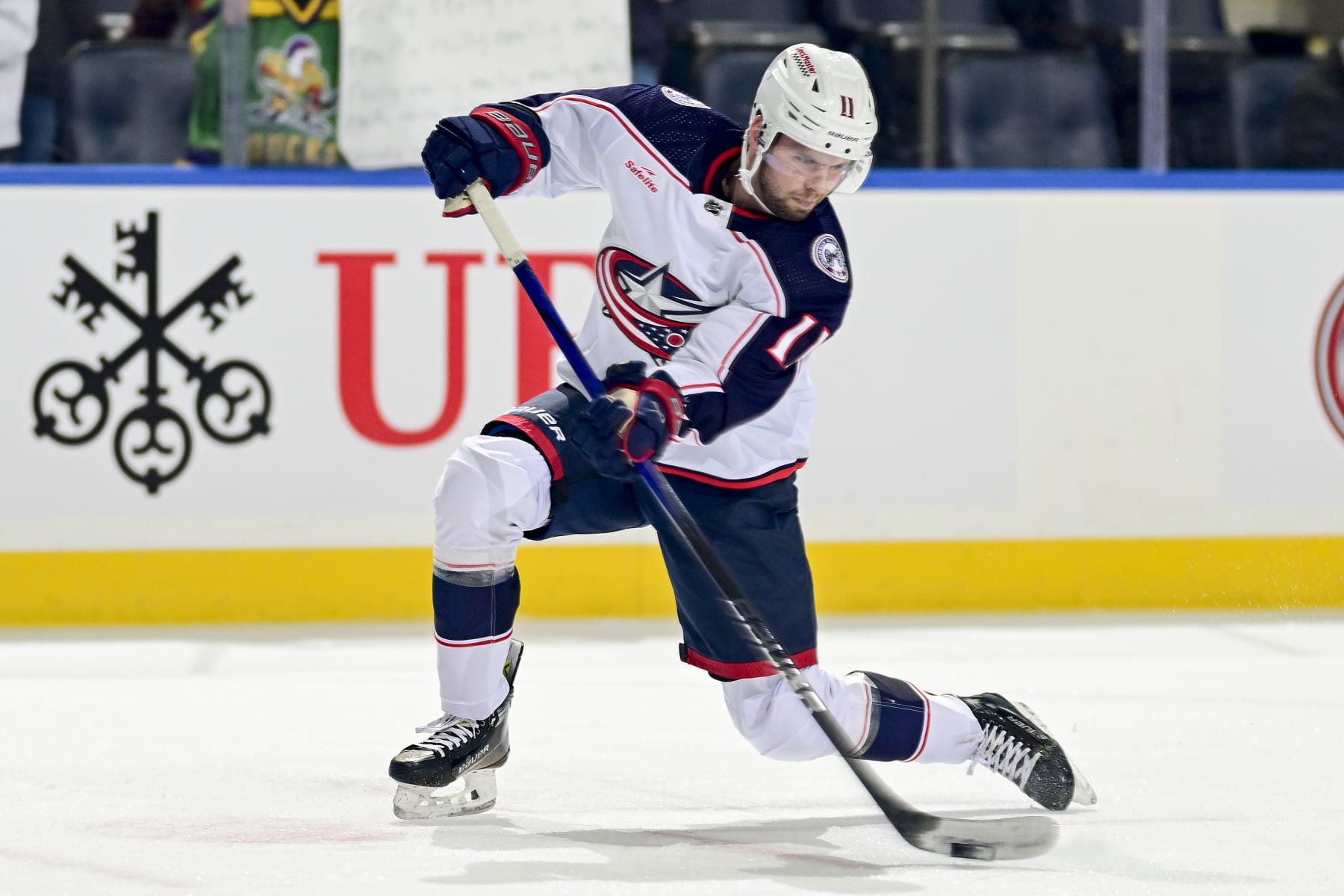 ELMONT, NEW YORK - DECEMBER 07: Adam Fantilli #11 of the Columbus Blue Jackets warms up before a game against the New York Islanders at UBS Arena on December 07, 2023 in Elmont, New York. (Photo by Steven Ryan/NHLI via Getty Images)
