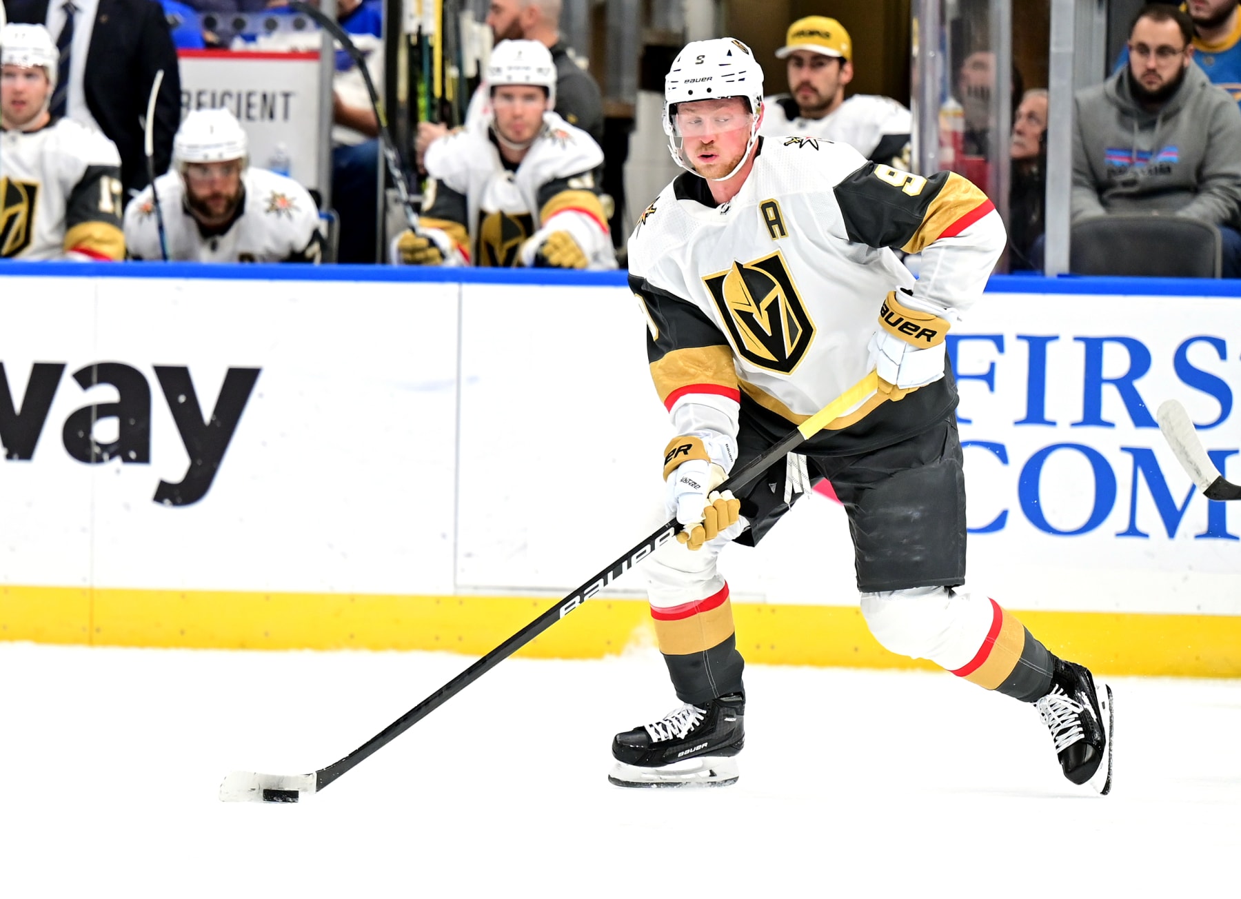 ST. LOUIS, MO - DECEMBER 06: Las Vegas Golden Knights center Jack Eichel (9) as seen with the puck during a NHL game between the Las Vegas Golden Knights and the St. Louis Blues on December 06, 2023, at Enterprise Center in St. Louis, MO. (Photo by Keith Gillett/Icon Sportswire via Getty Images)