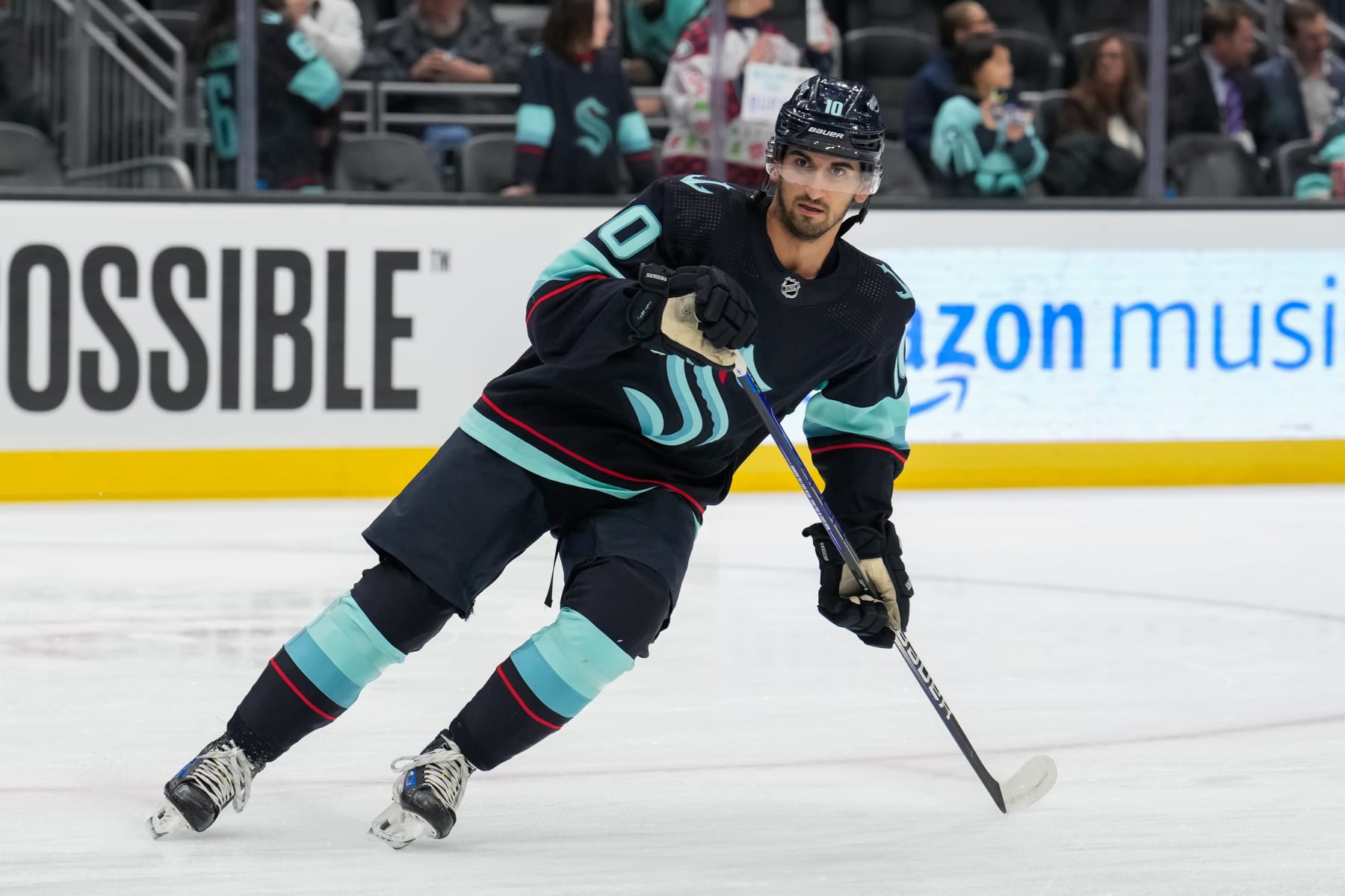 SEATTLE, WASHINGTON - DECEMBER 07: Matty Beniers #10 of the Seattle Kraken warms up before a game against the New Jersey Devils at Climate Pledge Arena on December 07, 2023 in Seattle, Washington. (Photo by Christopher Mast/NHLI via Getty Images)