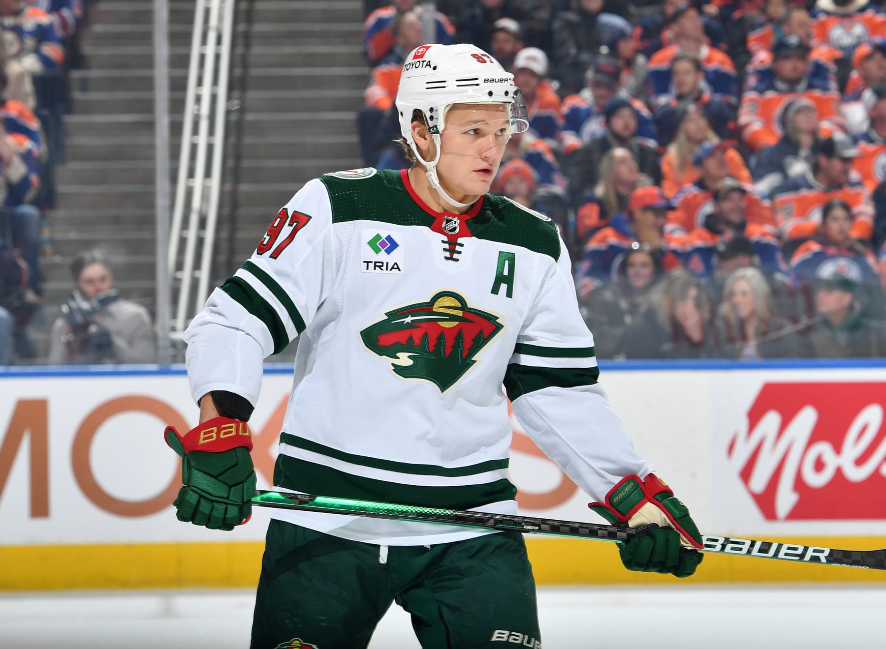 EDMONTON, CANADA - DECEMBER 08: Kirill Kaprizov #97 of the Minnesota Wild skates during a stoppage in play during the game against the Edmonton Oilers at Rogers Place on December 8, 2023, in Edmonton, Alberta, Canada. (Photo by Andy Devlin/NHLI via Getty Images)