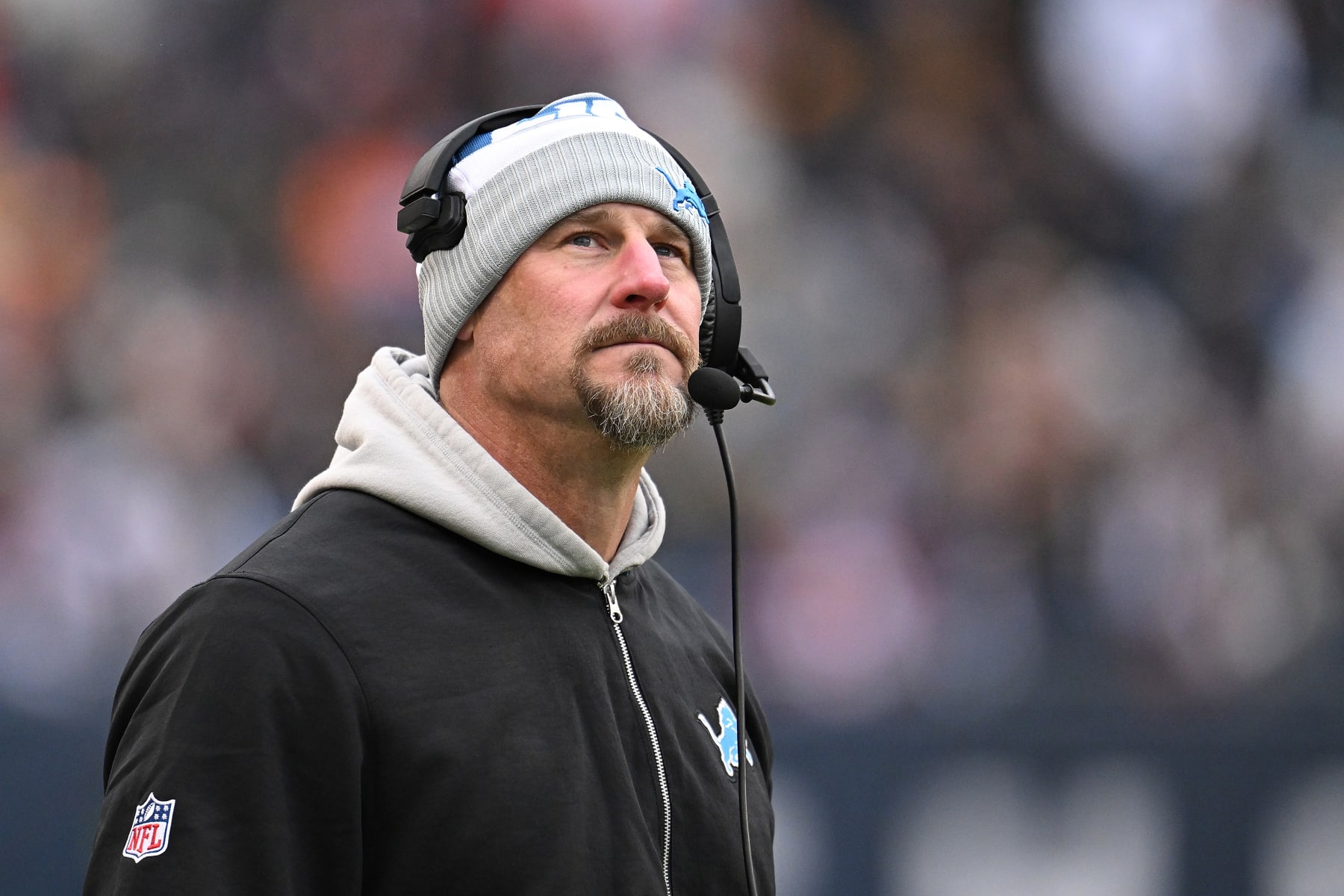 CHICAGO, ILLINOIS - DECEMBER 10: Head coach Dan Campbell of the Detroit Lions looks on during the third quarter in the game against the Chicago Bears at Soldier Field on December 10, 2023 in Chicago, Illinois. (Photo by Quinn Harris/Getty Images)