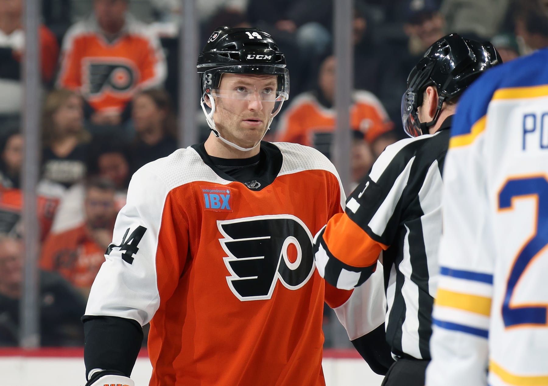 PHILADELPHIA, PENNSYLVANIA - NOVEMBER 01: Sean Couturier #14 of the Philadelphia Flyers looks on against the Buffalo Sabres at the Wells Fargo Center on November 1, 2023 in Philadelphia, Pennsylvania. (Photo by Len Redkoles/NHLI via Getty Images)