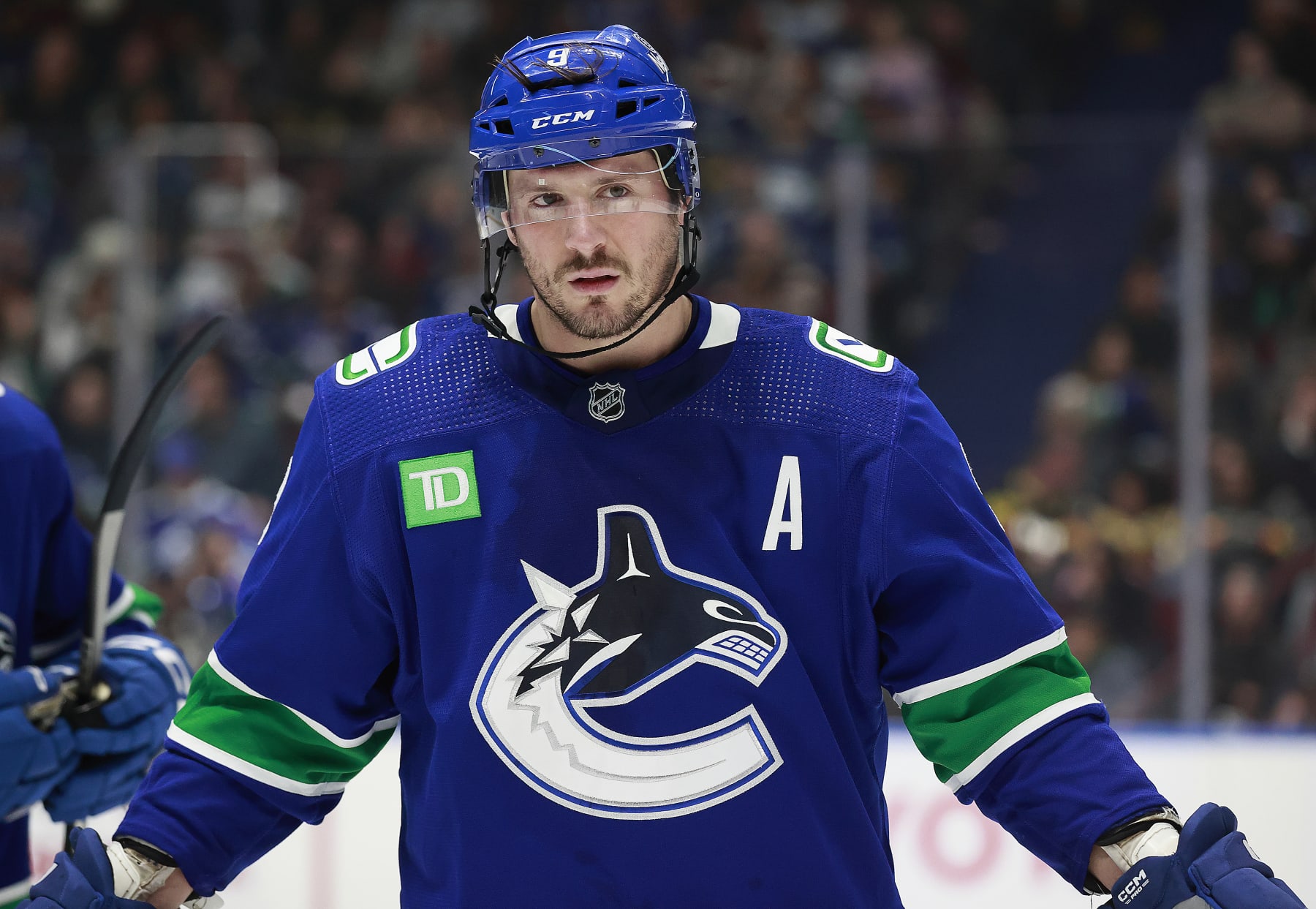 VANCOUVER, CANADA - NOVEMBER 30: J.T. Miller #9 of the Vancouver Canucks skates up ice during their NHL game against the Vegas Golden Knights at Rogers Arena on November 30, 2023 in Vancouver, British Columbia, Canada. (Photo by Jeff Vinnick/NHLI via Getty Images)