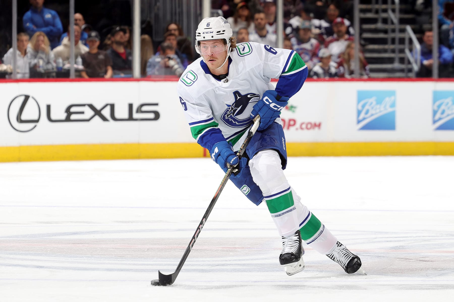 DENVER, COLORADO - NOVEMBER 22: Brock Boeser #6 of the Vancouver Canucks skates against the Colorado Avalanche at Ball Arena on November 22, 2023 in Denver, Colorado. (Photo by Michael Martin/NHLI via Getty Images)