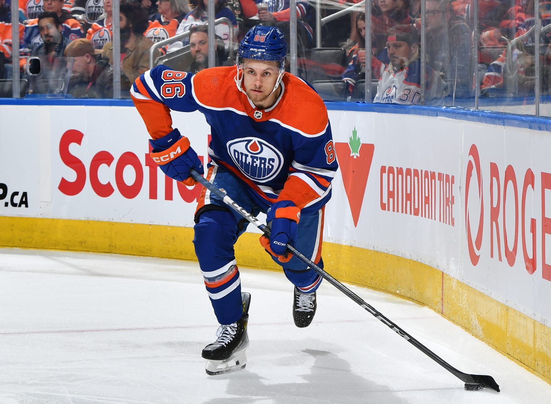 EDMONTON, CANADA - OCTOBER 14: Philip Broberg #86 of the Edmonton Oilers skates during the game against the Vancouver Canucks at Rogers Place on October 14, 2023, in Edmonton, Alberta, Canada. (Photo by Andy Devlin/NHLI via Getty Images)