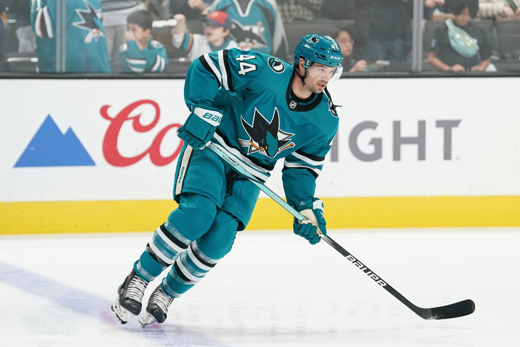 SAN JOSE, CA - NOVEMBER 4: Marc-Edouard Vlasic #44 of the San Jose Sharks skates during warmups before the game against the Pittsburgh Penguins at SAP Center on November 4, 2023 in San Jose, California. (Photo by Kavin Mistry/NHLI via Getty Images)