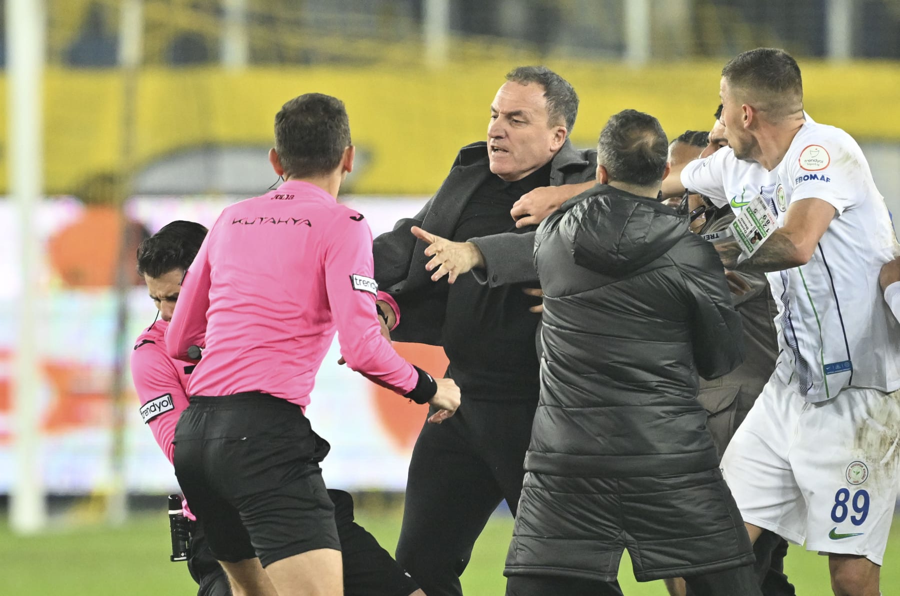 ANKARA, TURKIYE - DECEMBER 11: Faruk Koca, President of MKE Ankaragucu throws a punch to the referee Halil Umut Meler after the Turkish Super Lig week 15 soccer match between MKE Ankaragucu and Rizespor at Eryaman Stadium in Ankara, Turkiye on December 11, 2023. The match ended 1-1. (Photo by Emin Sansar/Anadolu via Getty Images)