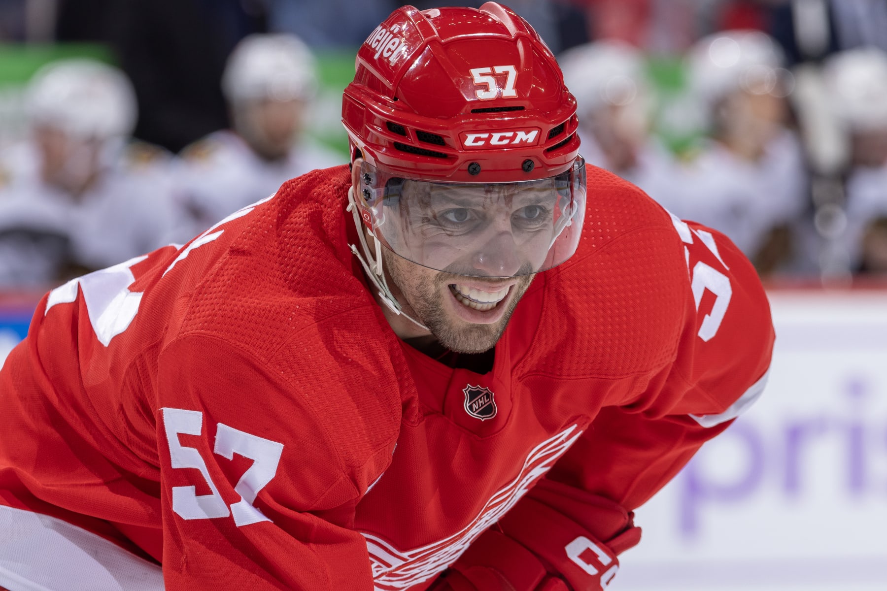 DETROIT, MI - NOVEMBER 30: David Perron #57 of the Detroit Red Wings gets set for the face-off against the Chicago Blackhawks during the third period at Little Caesars Arena on November 30, 2023 in Detroit, Michigan. Detroit defeated Chicago 5-1. (Photo by Dave Reginek/NHLI via Getty Images)