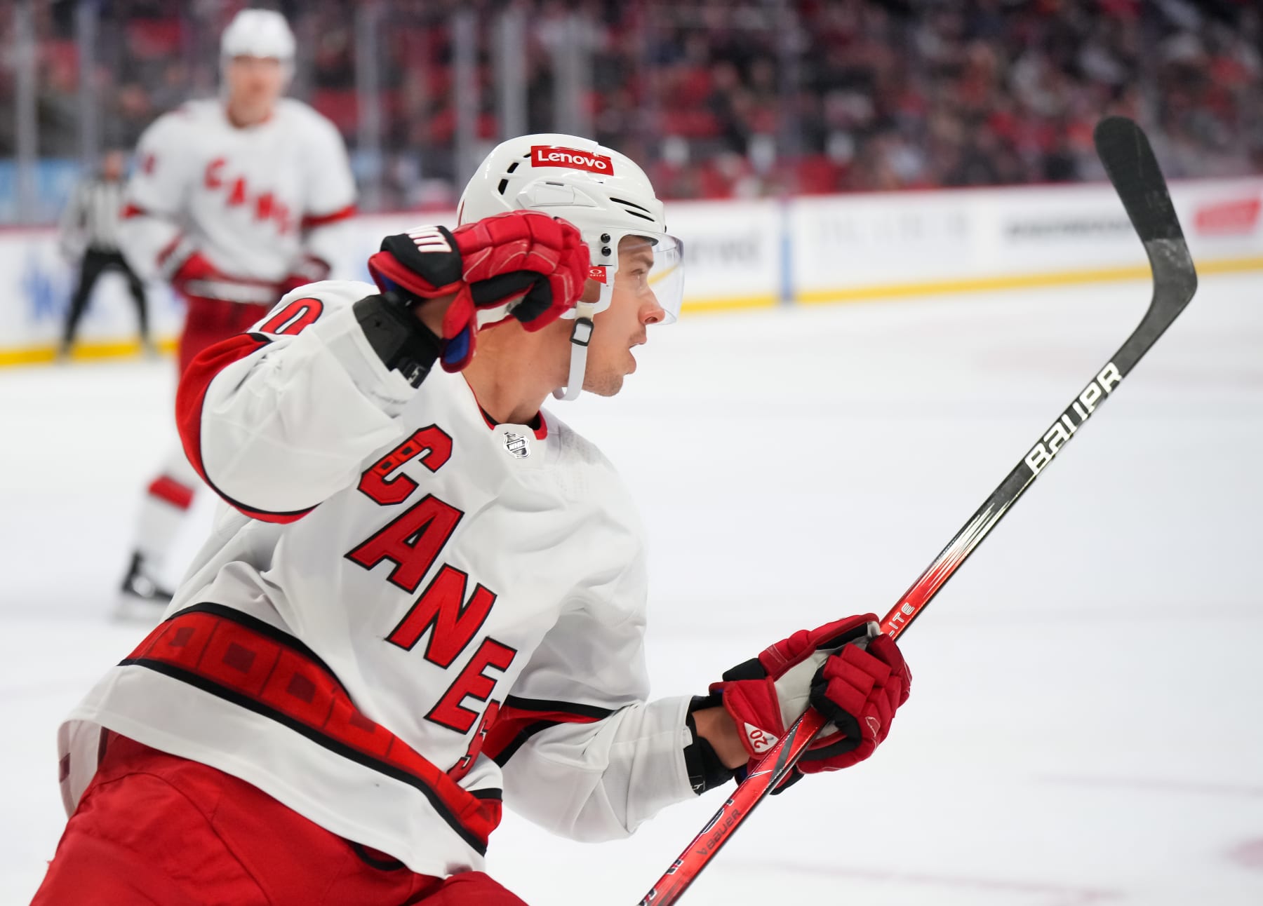 OTTAWA, CANADA - DECEMBER 12: Sebastian Aho #20 of the Carolina Hurricanes celebrates his second-period goal against the Ottawa Senators at Canadian Tire Centre on December 12, 2023 in Ottawa, Ontario, Canada. (Photo by André Ringuette/NHLI via Getty Images)