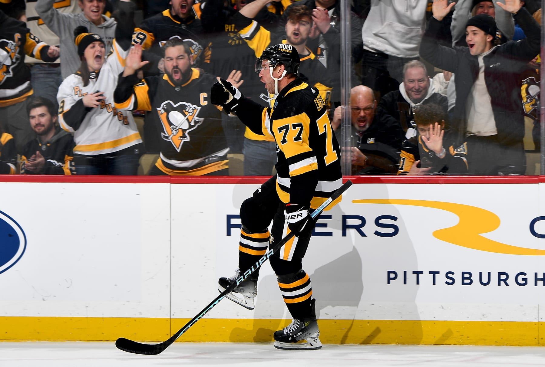 PITTSBURGH, PA - DECEMBER 12: Jeff Carter #77 of the Pittsburgh Penguins celebrates after scoring in the first period against the Arizona Coyotes at PPG PAINTS Arena on December 12, 2023 in Pittsburgh, Pennsylvania. (Photo by Joe Sargent/NHLI via Getty Images)
