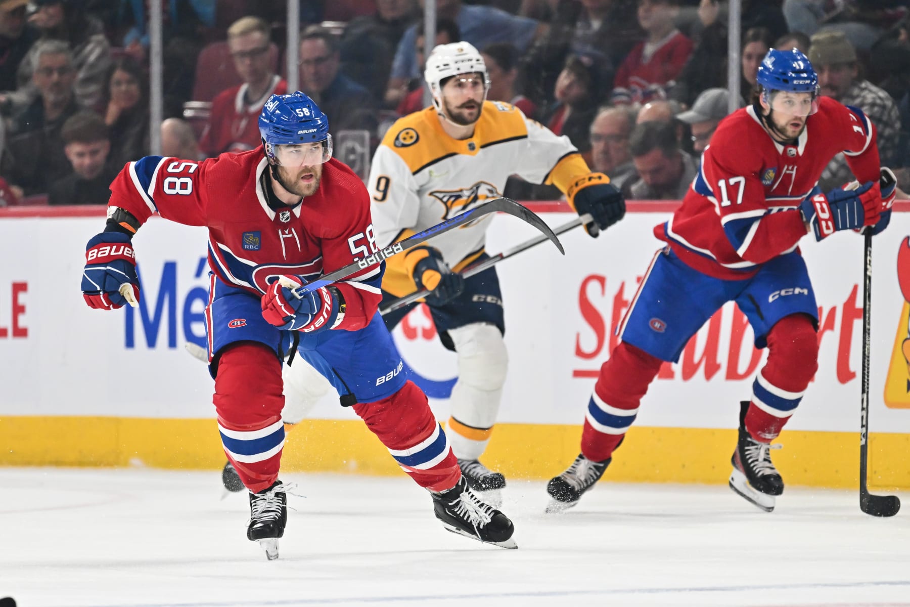 MONTREAL, CANADA - DECEMBER 10: David Savard #58 of the Montreal Canadiens skates during the third period against the Nashville Predators at the Bell Centre on December 10, 2023 in Montreal, Quebec, Canada. The Nashville Predators defeated the Montreal Canadiens 2-1. (Photo by Minas Panagiotakis/Getty Images)