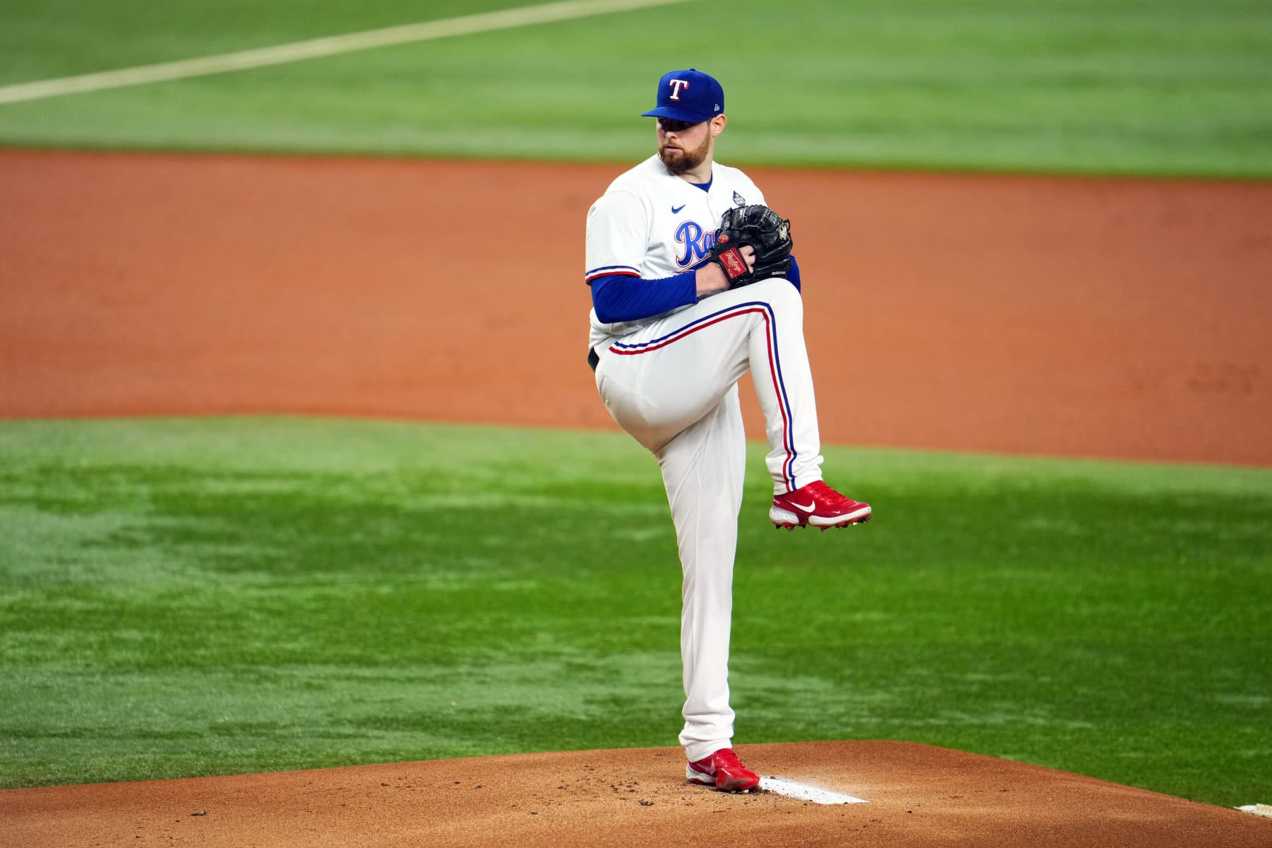 ARLINGTON, TX - OCTOBER 28: Jordan Montgomery #52 of the Texas Rangers pitches in the first inning during Game 2 of the 2023 World Series between the Arizona Diamondbacks and the Texas Rangers at Globe Life Field on Saturday, October 28, 2023 in Arlington, Texas. (Photo by Cooper Neill/MLB Photos via Getty Images)