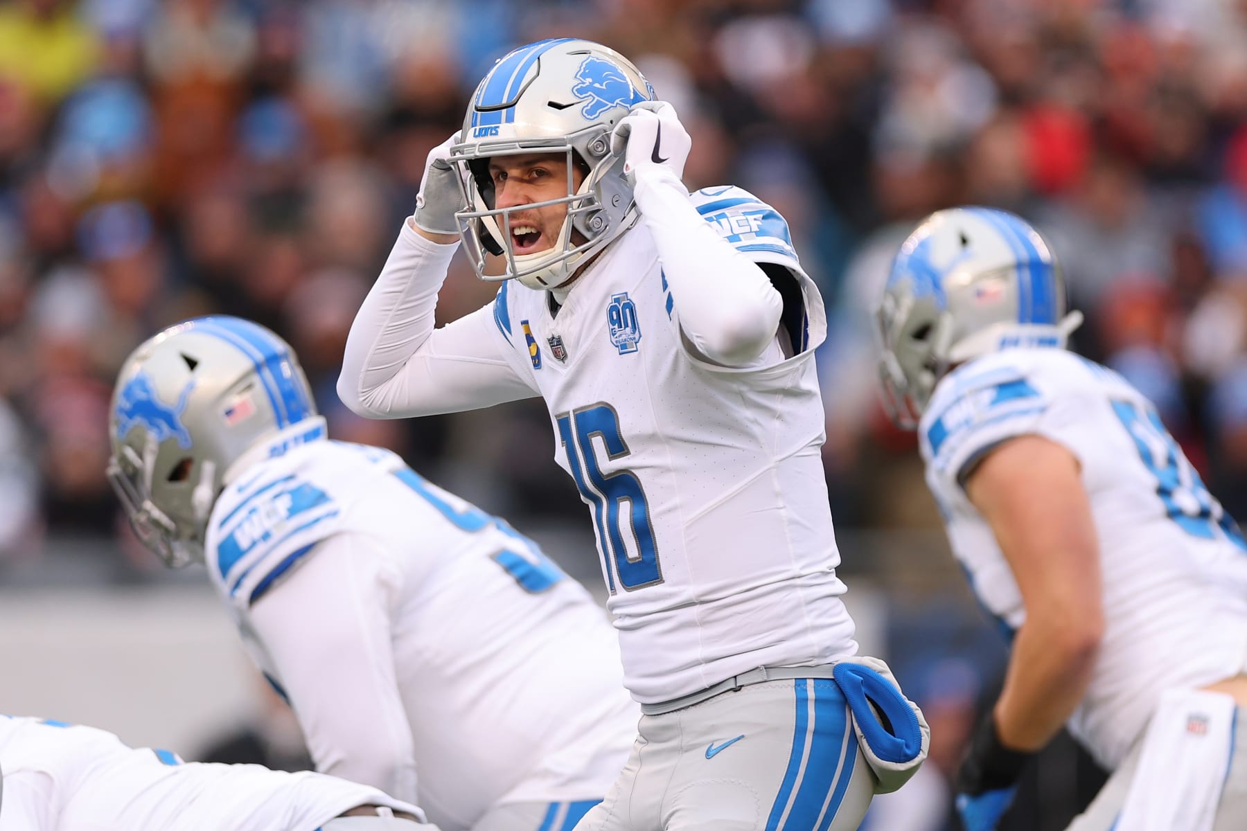 CHICAGO, ILLINOIS - DECEMBER 10: Jared Goff #16 of the Detroit Lions directs his team during the first quarter in the game against the Chicago Bears at Soldier Field on December 10, 2023 in Chicago, Illinois. (Photo by Michael Reaves/Getty Images)