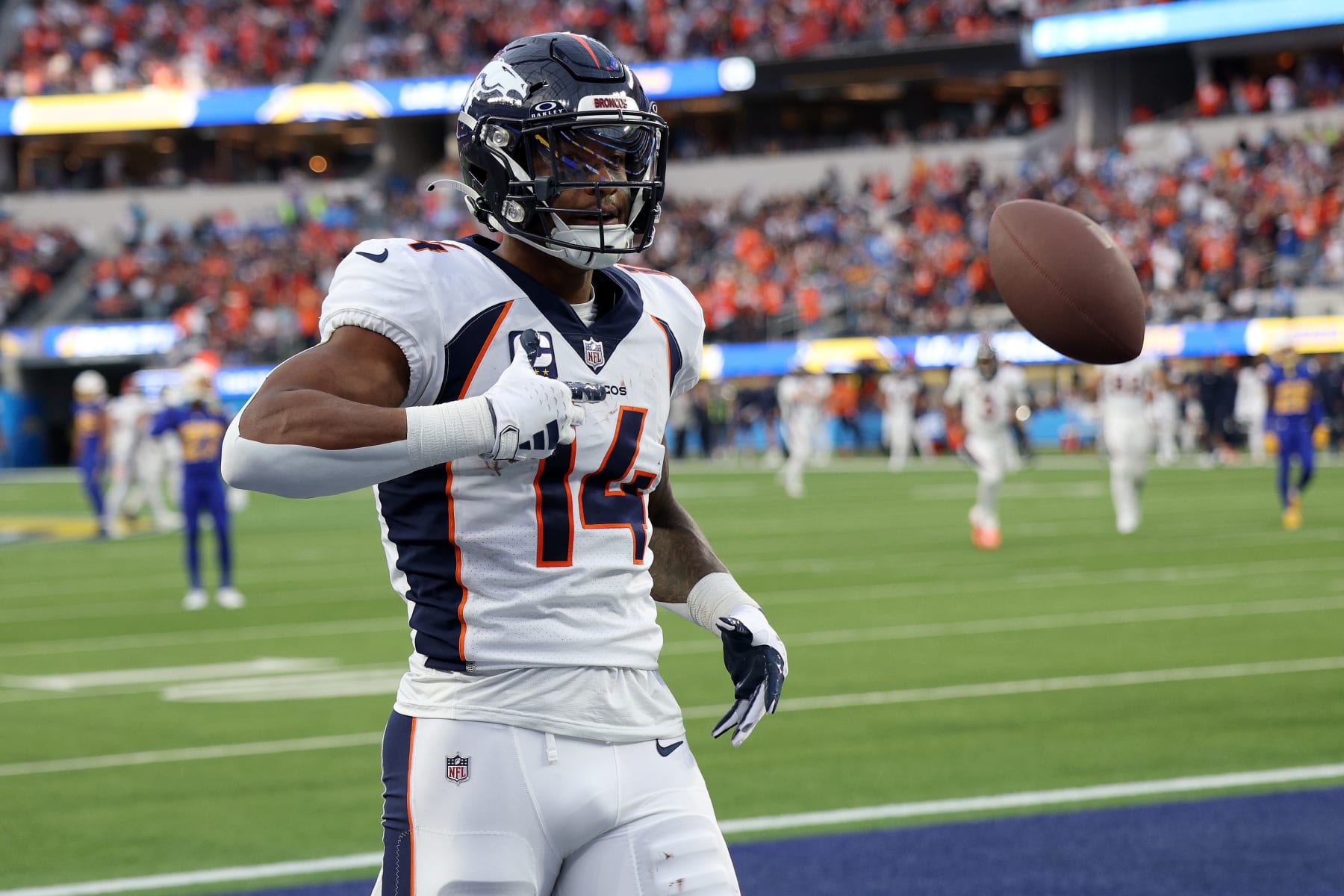 INGLEWOOD, CALIFORNIA - DECEMBER 10: Courtland Sutton #14 of the Denver Broncos celebrates a touchdown catch during the third quarter against the Los Angeles Chargers at SoFi Stadium on December 10, 2023 in Inglewood, California. (Photo by Harry How/Getty Images)