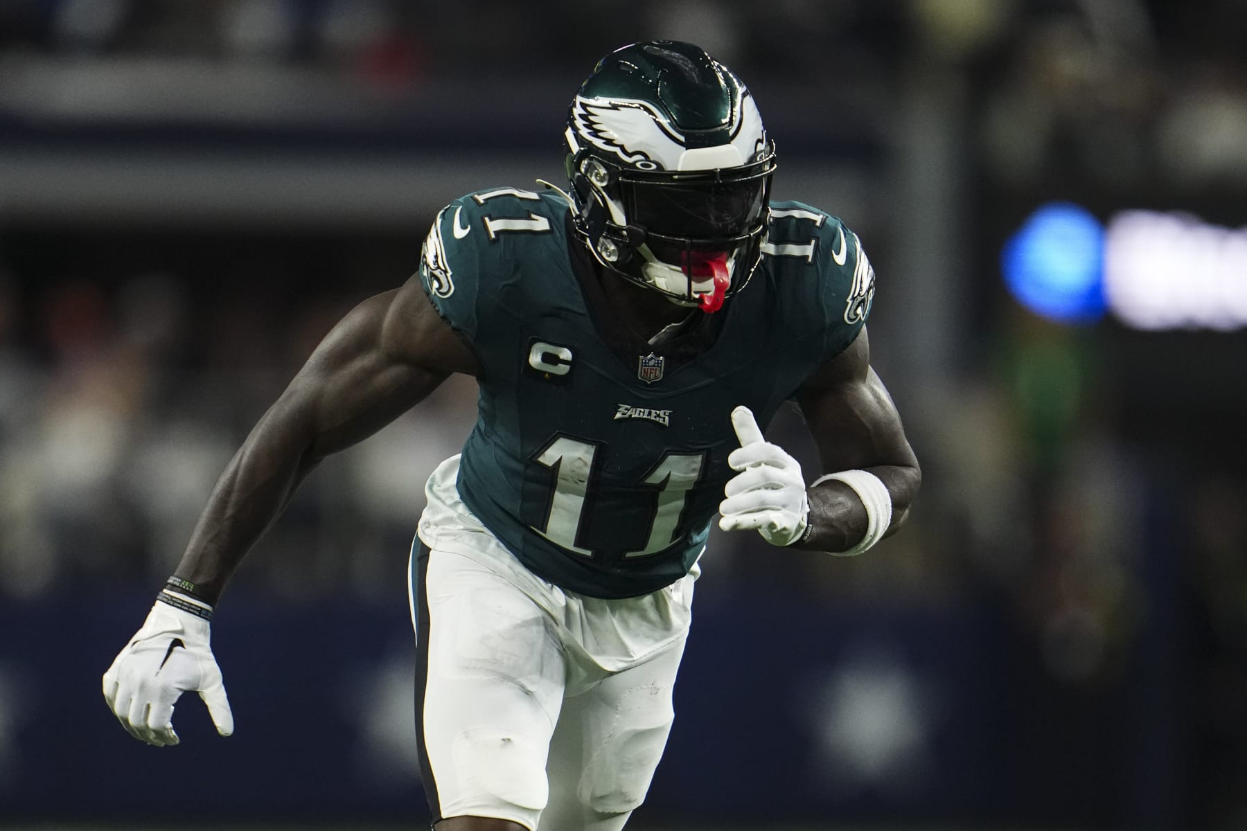 ARLINGTON, TX - DECEMBER 10: A.J. Brown #11 of the Philadelphia Eagles runs a route during an NFL football game against the Dallas Cowboys at AT&T Stadium on December 10, 2023 in Arlington, Texas. (Photo by Cooper Neill/Getty Images)