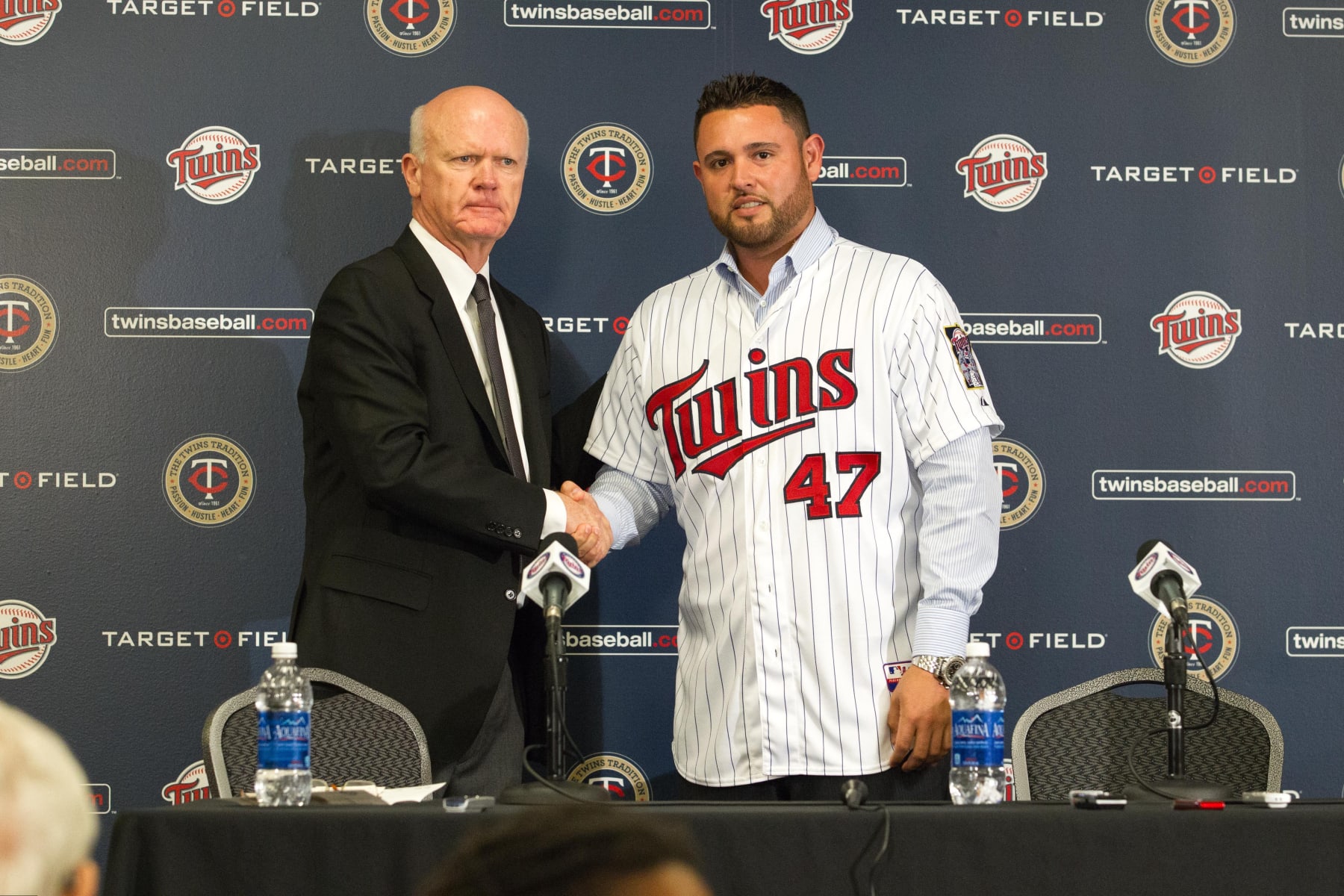 MINNEAPOLIS, MN - DECEMBER 3: Minnesota Twins general manager Terry Ryan announces Ricky Nolasco #47 to the media on December 3, 2013 at Target Field in Minneapolis, Minnesota. (Photo by Brace Hemmelgarn/Minnesota Twins/Getty Images)