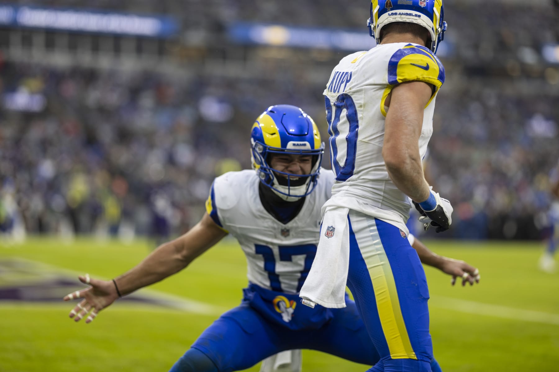 BALTIMORE, MARYLAND - DECEMBER 10: Puka Nacua #17 of the Los Angeles Rams reacts after Cooper Kupp #10 of the Los Angeles Rams scored a touchdown during an NFL football game between the Baltimore Ravens and the Los Angeles Rams at M&T Bank Stadium on December 10, 2023 in Baltimore, Maryland. (Photo by Michael Owens/Getty Images)