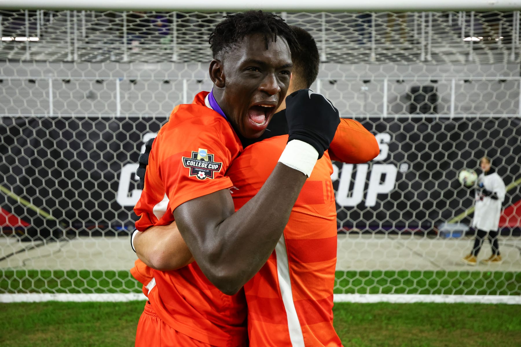 LOUISVILLE, KENTUCKY - DECEMBER 11: Pape Mar Boye #2 and Mason Jimenez #16 of the Clemson Tigers celebrates after beating the Notre Dame Fighting Irish for the Division I Men's Soccer Championship held at the Lynn Family Stadium on December 11, 2023 in Louisville, Kentucky. (Photo by Jamie Schwaberow/NCAA Photos via Getty Images)