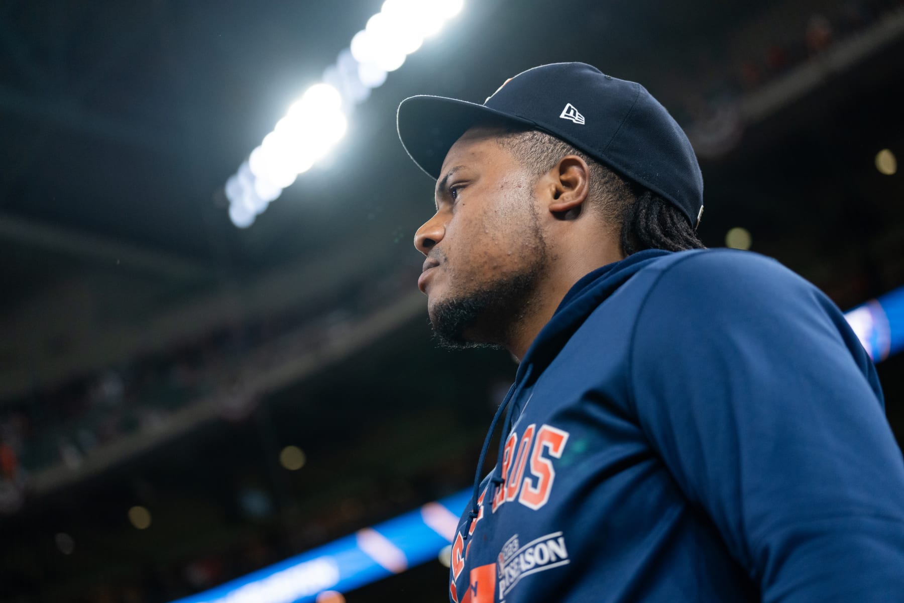 HOUSTON, TX - OCTOBER 23: Framber Valdez #59 of the Houston Astros walks on the field prior to Game 7 of the ALCS between the Texas Rangers and the Houston Astros at Minute Maid Park on Monday, October 23, 2023 in Houston, Texas. (Photo by Alex Bierens de Haan/MLB Photos via Getty Images)