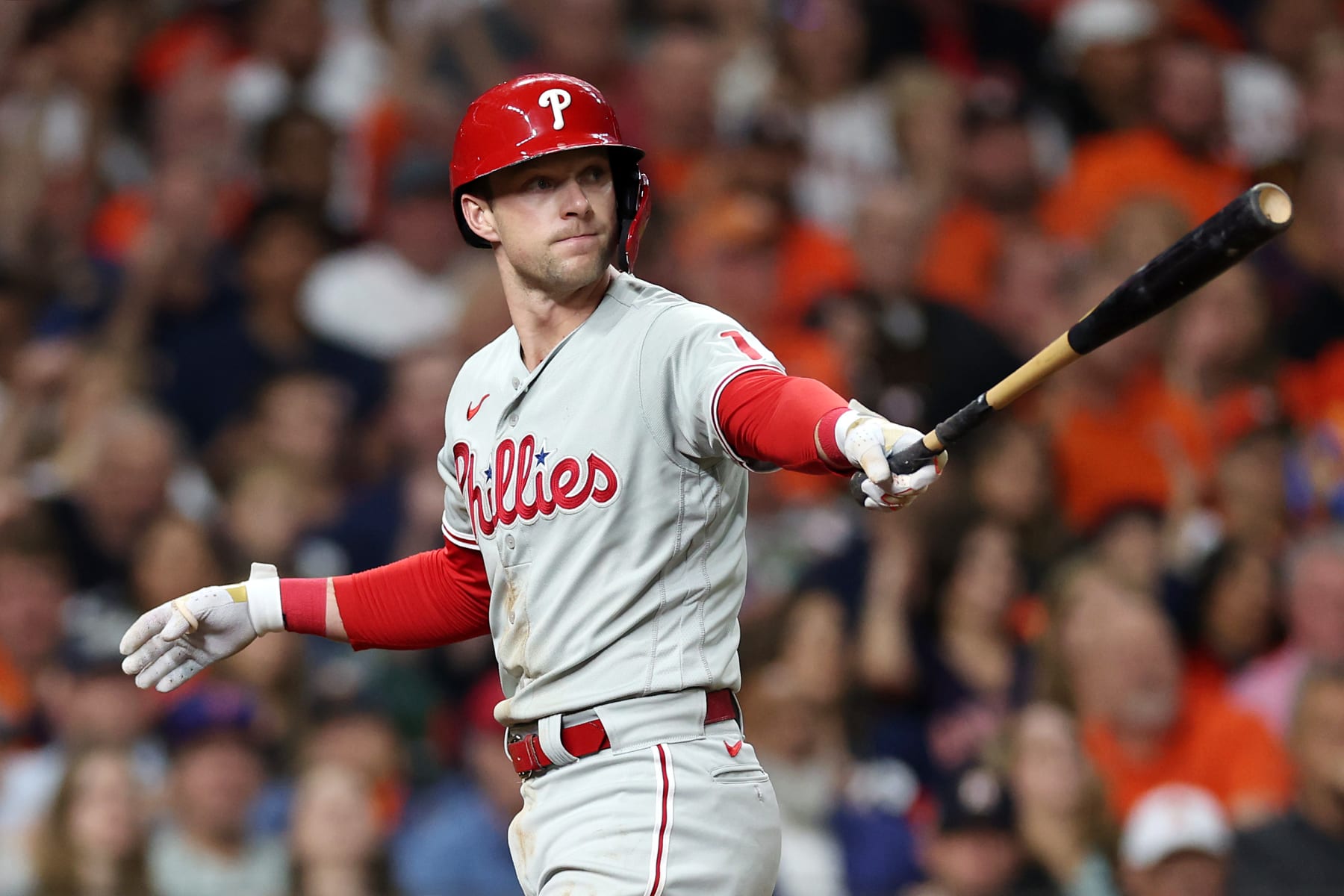 HOUSTON, TEXAS - OCTOBER 28: Rhys Hoskins #17 of the Philadelphia Phillies reacts after striking out in the seventh inning against the Houston Astros in Game One of the 2022 World Series at Minute Maid Park on October 28, 2022 in Houston, Texas. (Photo by Sean M. Haffey/Getty Images)