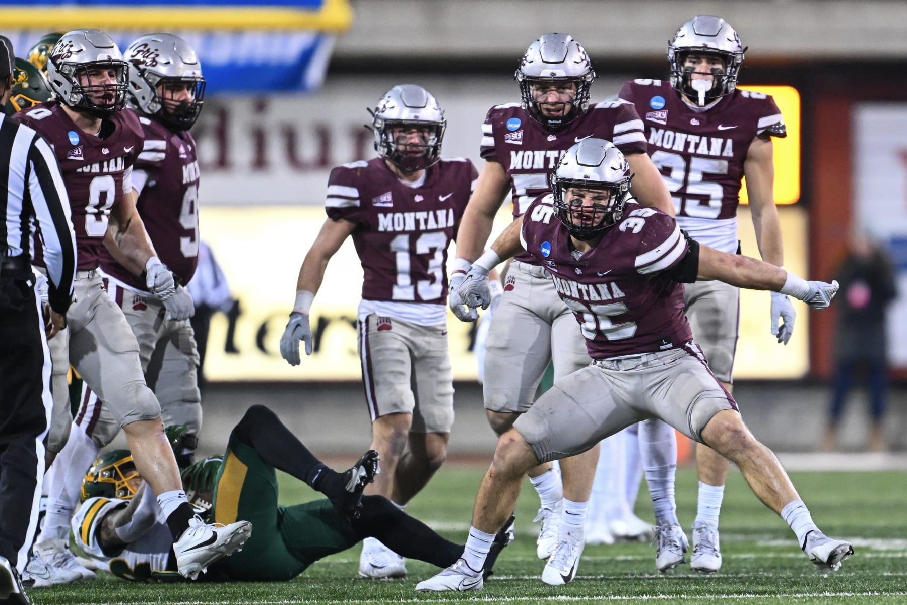 MISSOULA, MONTANA - DECEMBER 16: Braxton Hill #35 of the Montana Grizzlies reacts during the fourth quarter against the North Dakota State Bison at Washington-Grizzly Stadium on December 16, 2023 in Missoula, Montana. (Photo by Ryan Brennecke/University of Montana/Getty Images)