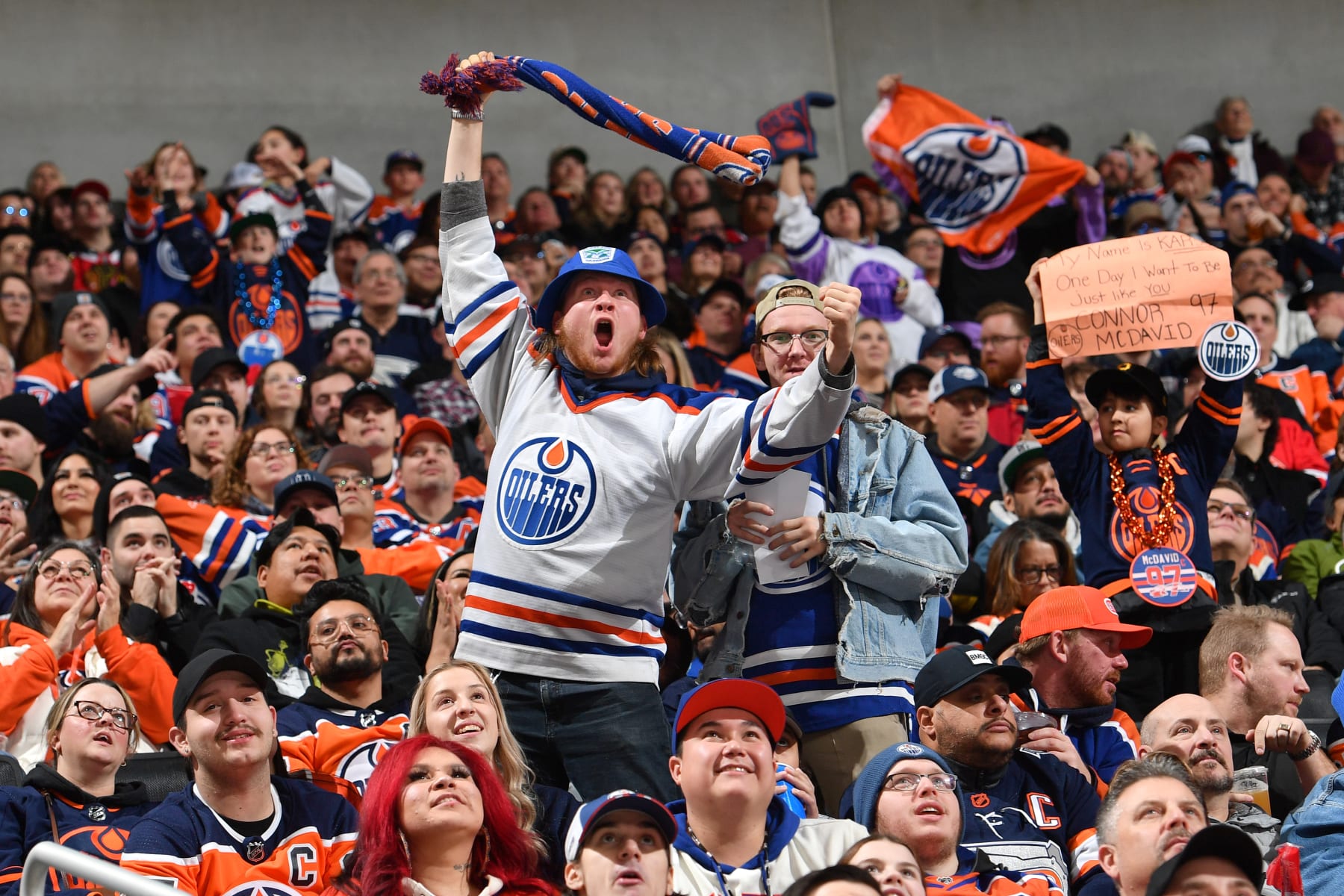 EDMONTON, CANADA - DECEMBER 12: Fans cheer on the Edmonton Oilers as they play the Chicago Blackhawks at Rogers Place on December 12, 2023, in Edmonton, Alberta, Canada. (Photo by Andy Devlin/NHLI via Getty Images)
