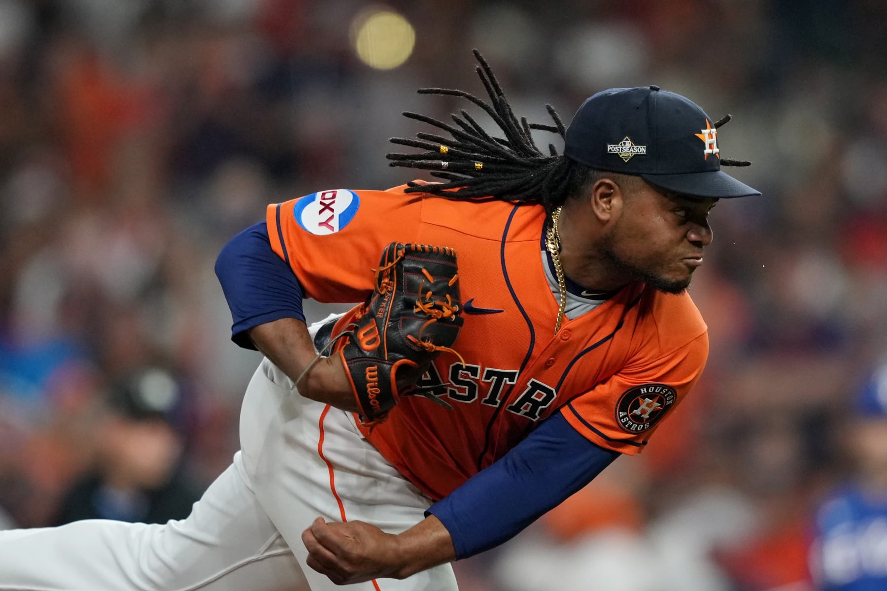 HOUSTON, TX - OCTOBER 22:  Framber Valdez #59 of the Houston Astros pitches during Game 6 of the ALCS between the Texas Rangers and the Houston Astros at Minute Maid Park on Sunday, October 22, 2023 in Houston, Texas. (Photo by Alex Bierens de Haan/MLB Photos via Getty Images)