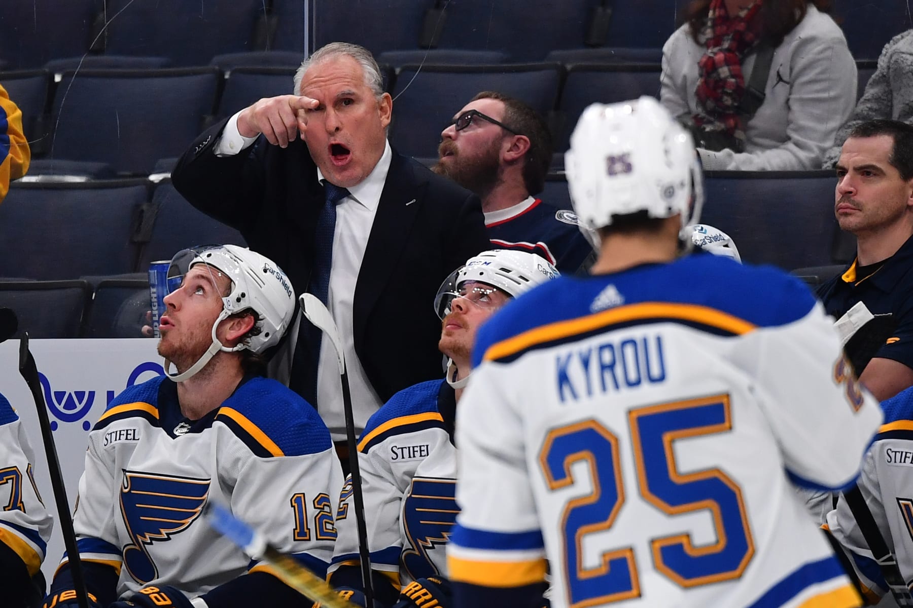 COLUMBUS, OHIO - DECEMBER 8: Head coach Craig Berube of the St. Louis Blues instructs Jordan Kyrou #25 of the St. Louis Blues during the third period of a game against the Columbus Blue Jackets at Nationwide Arena on December 8, 2023 in Columbus, Ohio. (Photo by Ben Jackson/NHLI via Getty Images)
