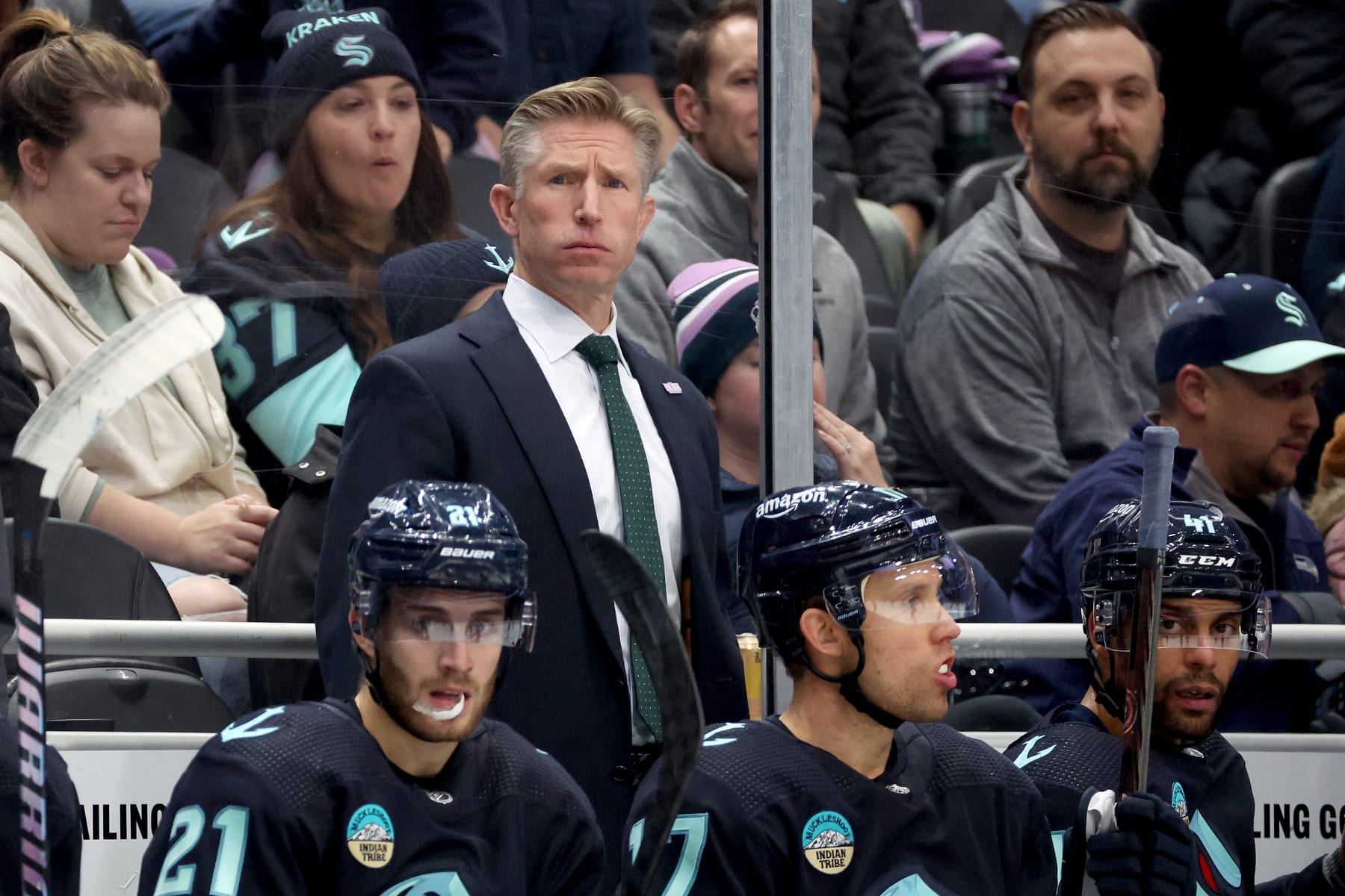 SEATTLE, WASHINGTON - NOVEMBER 16: Head coach Dave Hakstol of the Seattle Kraken looks on during the second period against the New York Islanders at Climate Pledge Arena on November 16, 2023 in Seattle, Washington. (Photo by Steph Chambers/Getty Images)