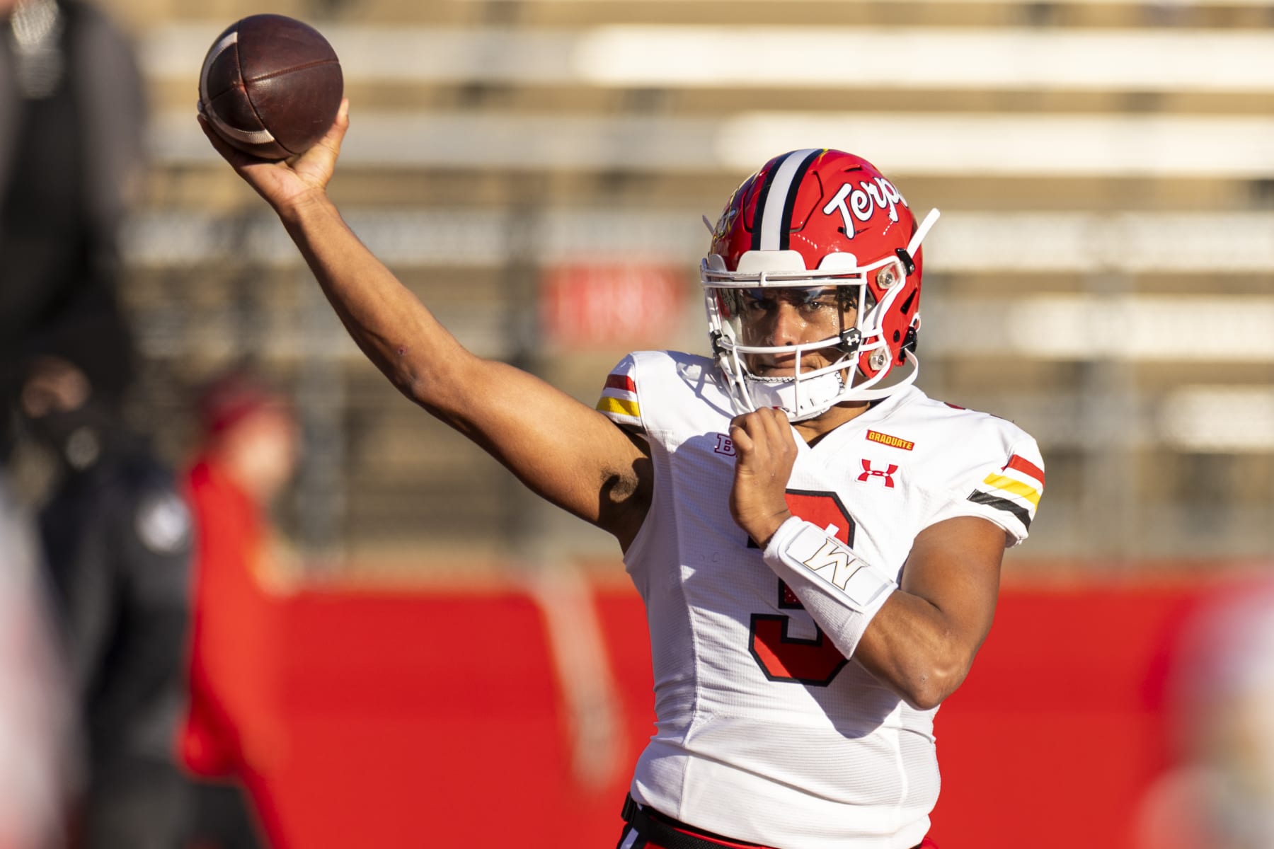 Maryland quarterback Taulia Tagovailoa (3) warms up before an NCAA college football game against Rutgers, Saturday, Nov. 25, 2023, in Piscataway, N.J. (AP Photo/Corey Sipkin)