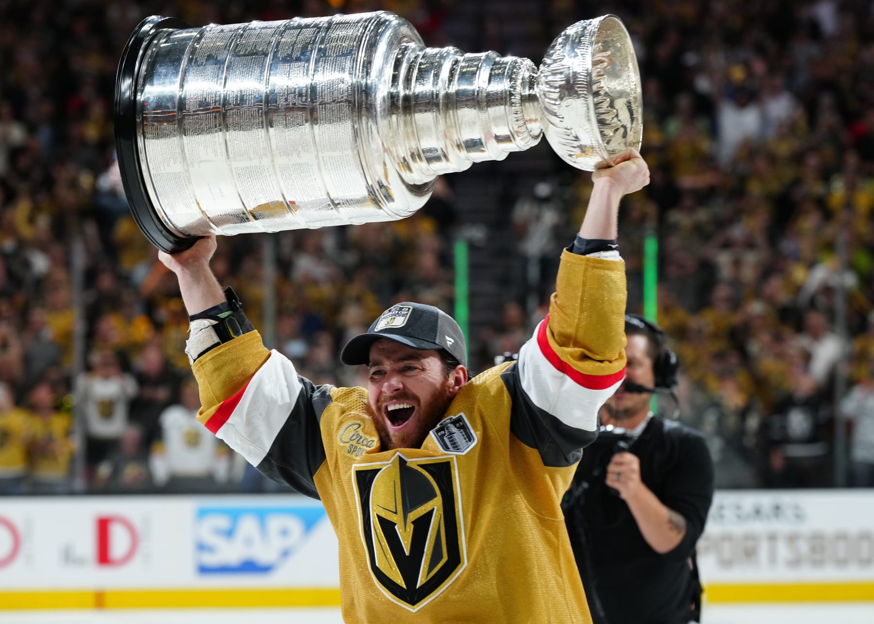LAS VEGAS, NEVADA - JUNE 13: Jonathan Marchessault #81 of the Vegas Golden Knights celebrates with the Stanley Cup after a 9-3 victory against the Florida Panthers in Game Five of the 2023 NHL Stanley Cup Final at T-Mobile Arena on June 13, 2023 in Las Vegas, Nevada. (Photo by Jeff Bottari/NHLI via Getty Images)