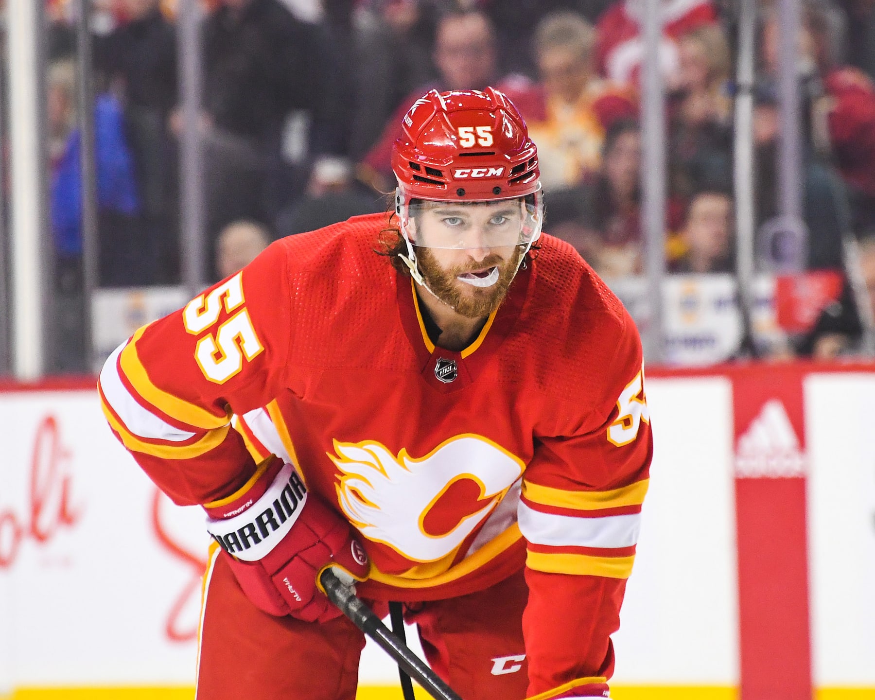 CALGARY, CANADA - DECEMBER 16: Noah Hanifin #55 of the Calgary Flames in action against the Tampa Bay Lightning during an NHL game at Scotiabank Saddledome on December 16, 2023 in Calgary, Alberta, Canada. (Photo by Derek Leung/Getty Images)