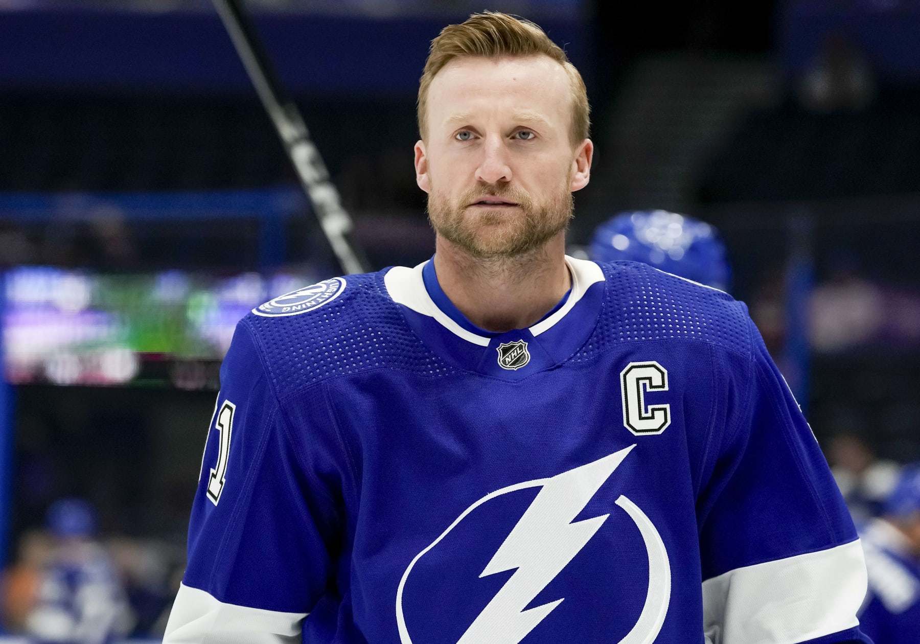TAMPA, FL - DECEMBER 19: Tampa Bay Lightning center Steven Stamkos (91) during the NHL Hockey match between the Tampa Bay Lightning and St Louis Blues on December 19, 2023 at Amalie Arena in Tampa, FL. (Photo by Andrew Bershaw/Icon Sportswire via Getty Images)