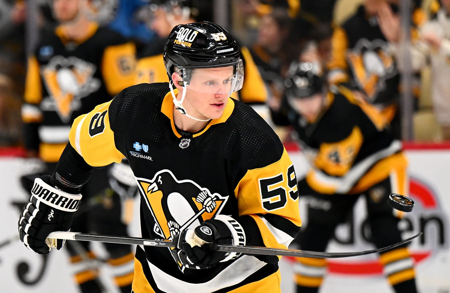 PITTSBURGH, PA - DECEMBER 18: Jake Guentzel #59 of the Pittsburgh Penguins in action during warm ups before the game against the Minnesota Wild at PPG PAINTS Arena on December 18, 2023 in Pittsburgh, Pennsylvania. (Photo by Joe Sargent/NHLI via Getty Images)