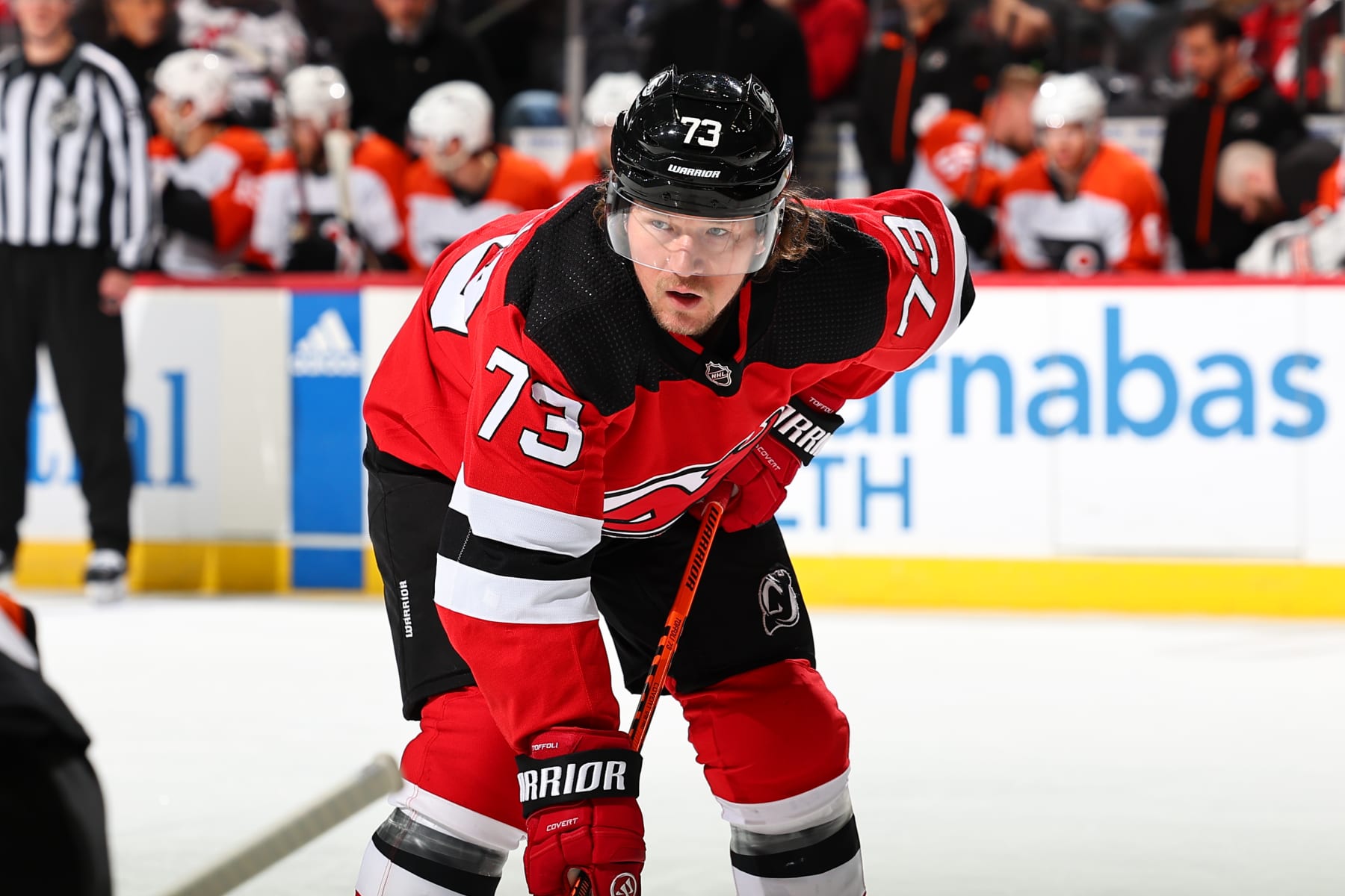 NEWARK, NJ - DECEMBER 19: Tyler Toffoli #73 of the New Jersey Devils skates in the first period of the game against the Philadelphia Flyers at the Prudential Center on December 19, 2023 in Newark, New Jersey. (Photo by Rich Graessle/NHLI via Getty Images)