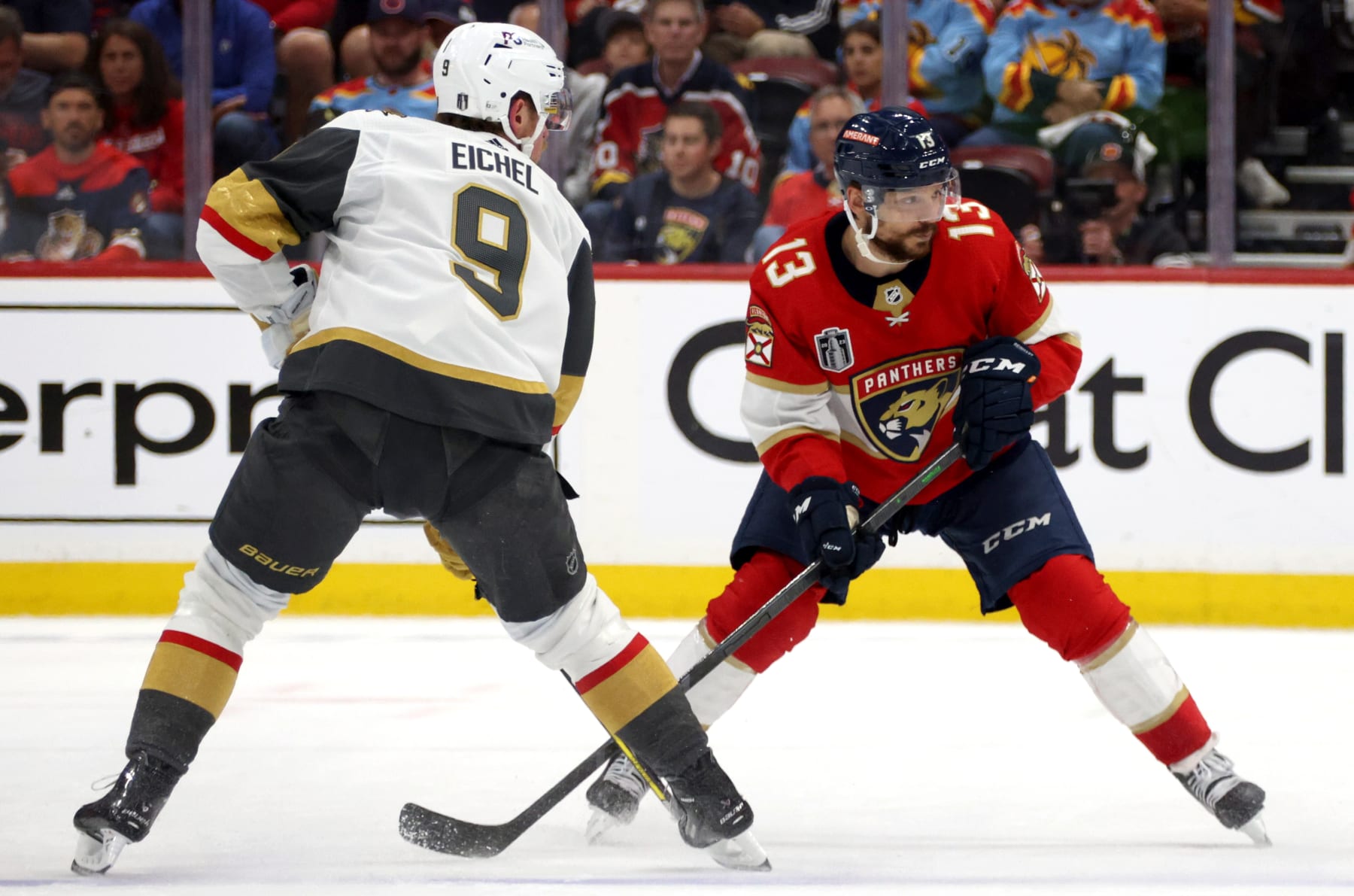 SUNRISE, FLORIDA - JUNE 08: Sam Reinhart #13 of the Florida Panthers tries to get past Jack Eichel #9 of the Vegas Golden Knights during the second period of Game Three of the 2023 NHL Stanley Cup Final at FLA Live Arena on June 08, 2023 in Sunrise, Florida. (Photo by Dave Sandford/NHLI via Getty Images)