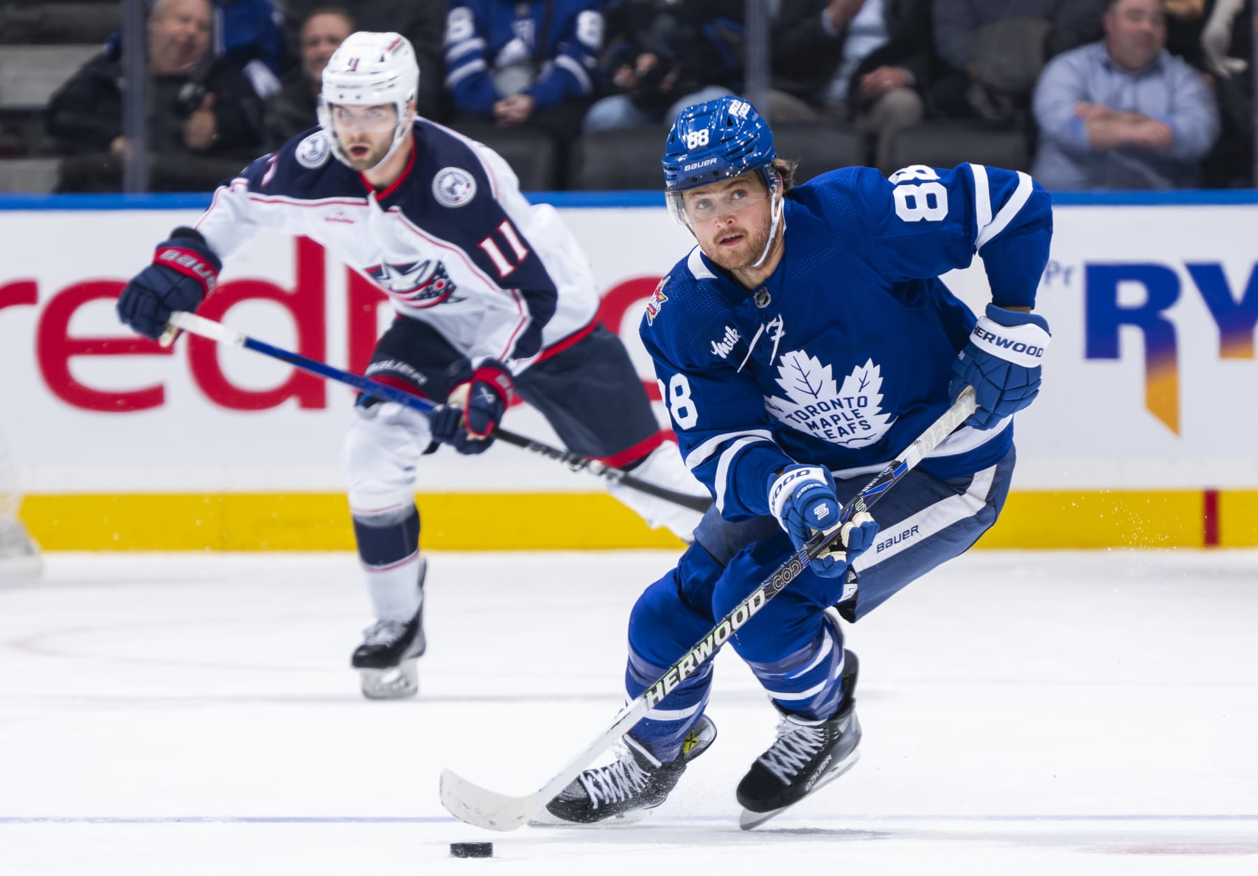 TORONTO, ON - DECEMBER 14: William Nylander #88 of the Toronto Maple Leafs skates against the Columbus Blue Jackets during the first period at the Scotiabank Arena on December 14, 2023 in Toronto, Ontario, Canada. (Photo by Mark Blinch/NHLI via Getty Images)