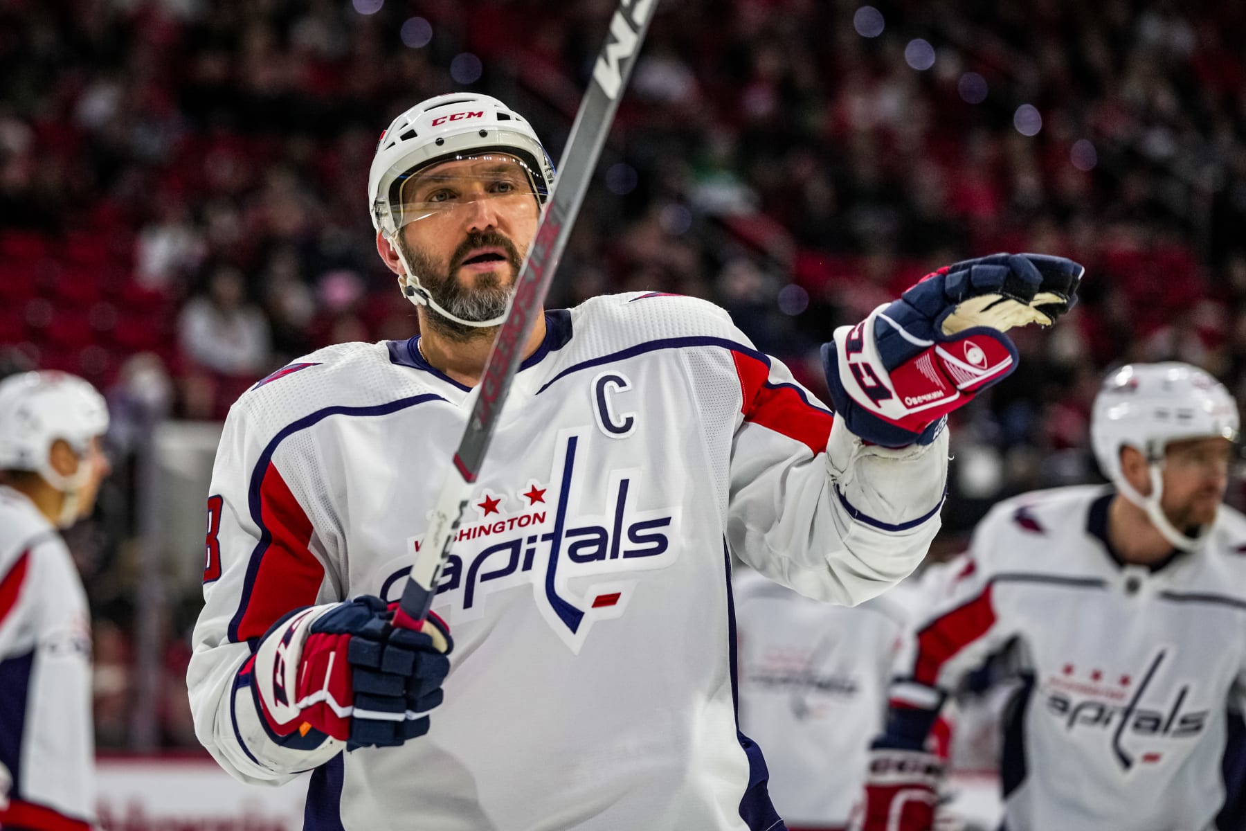 RALEIGH, NORTH CAROLINA - DECEMBER 17: Alex Ovechkin #8 of the Washington Capitals reacts during the first period against the Carolina Hurricanes at PNC Arena on December 17, 2023 in Raleigh, North Carolina. (Photo by Josh Lavallee/NHLI via Getty Images)