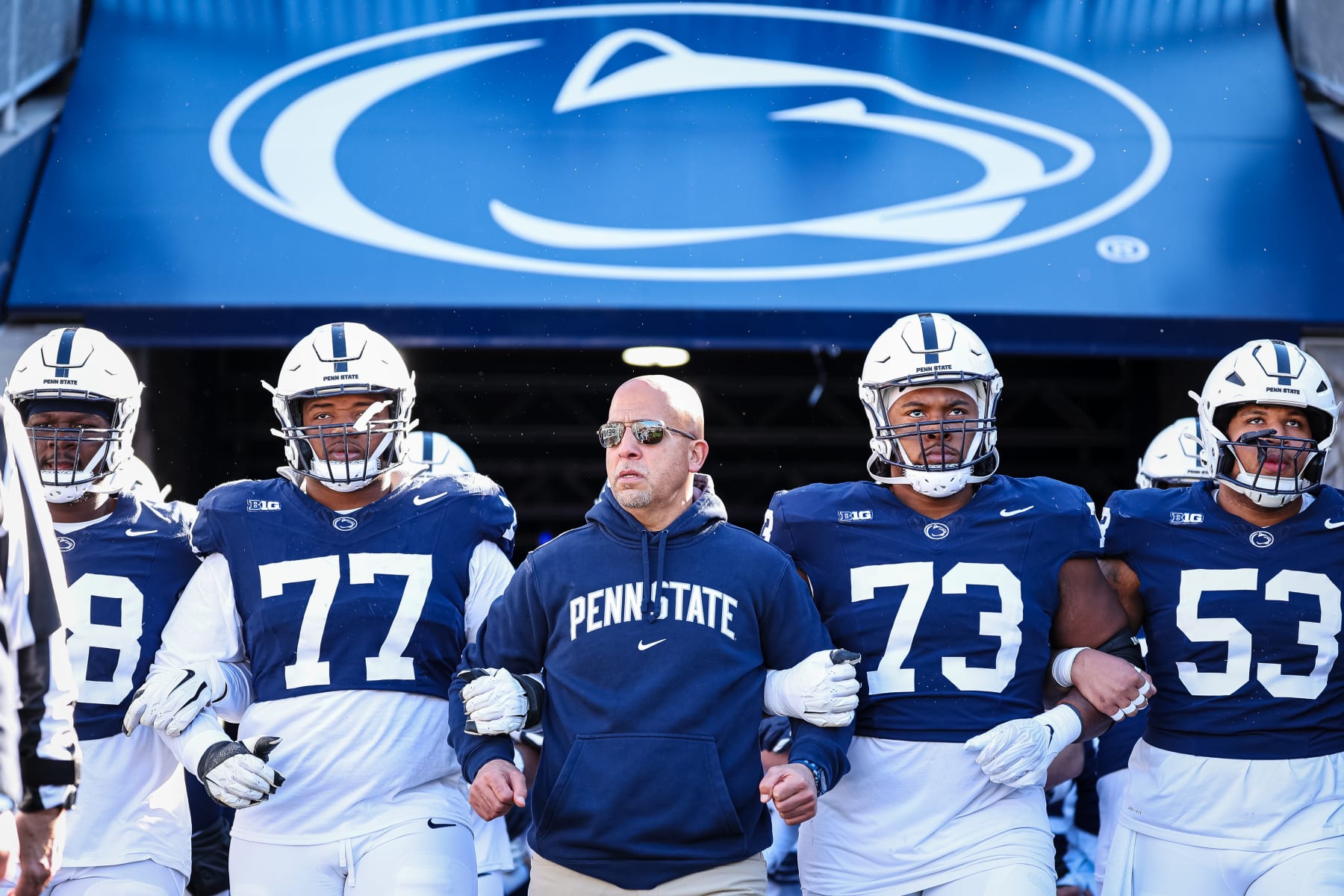 STATE COLLEGE, PA - NOVEMBER 18: Head coach James Franklin of the Penn State Nittany Lions leads the team onto the field before the game against the Rutgers Scarlet Knights at Beaver Stadium on November 18, 2023 in State College, Pennsylvania. (Photo by Scott Taetsch/Getty Images)