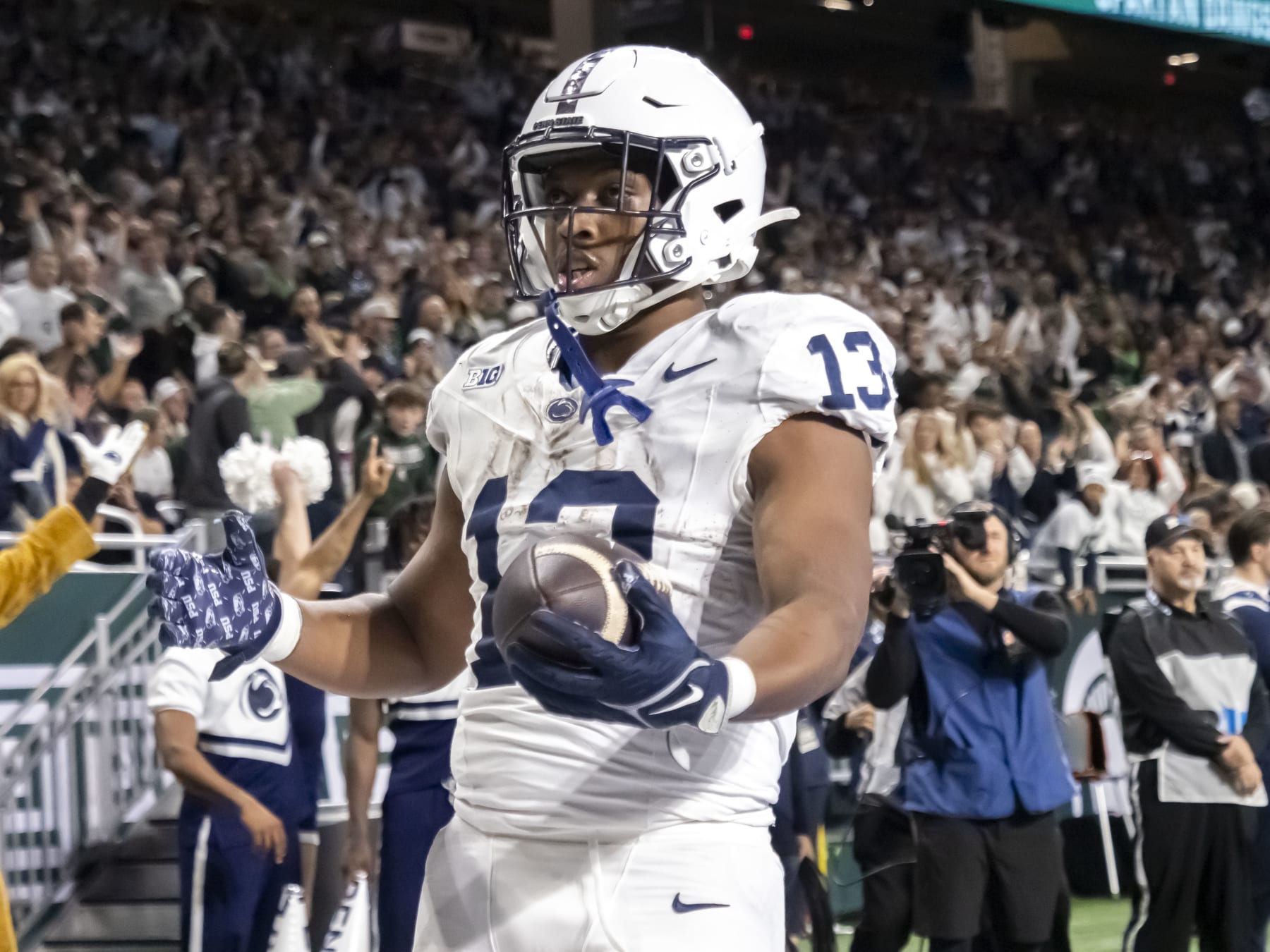 DETROIT, MI - NOVEMBER 24: Penn State Nittany Lions running back Kaytron Allen (13) catches the ball for a touchdown during a college football game between the Penn State Nittany Lions and the Michigan State Spartans on November 24, 2023 at Ford Field in Detroit, Michigan. (Photo by Joseph Weiser/Icon Sportswire via Getty Images)
