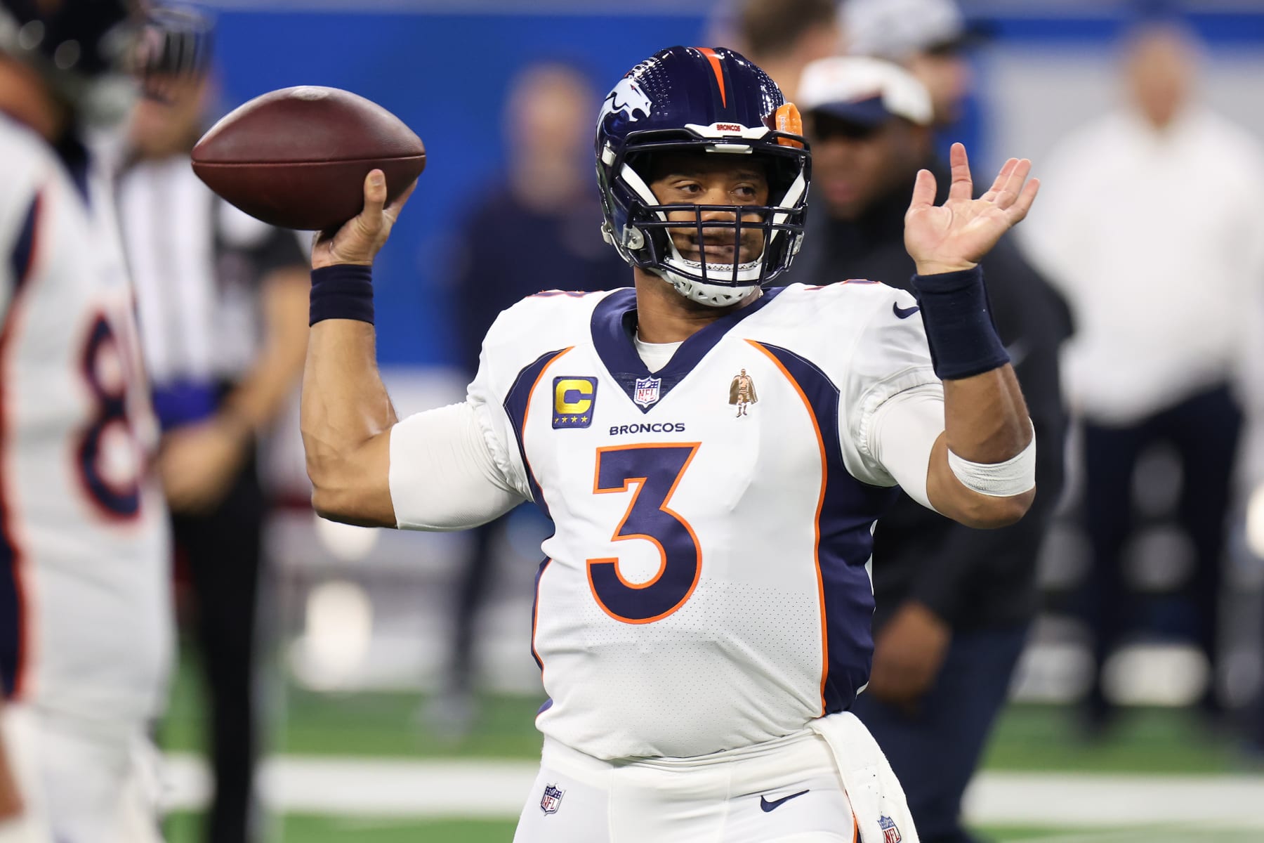 DETROIT, MICHIGAN - DECEMBER 16: Russell Wilson #3 of the Denver Broncos warms-up prior to a game against the Detroit Lions at Ford Field on December 16, 2023 in Detroit, Michigan. (Photo by Gregory Shamus/Getty Images)