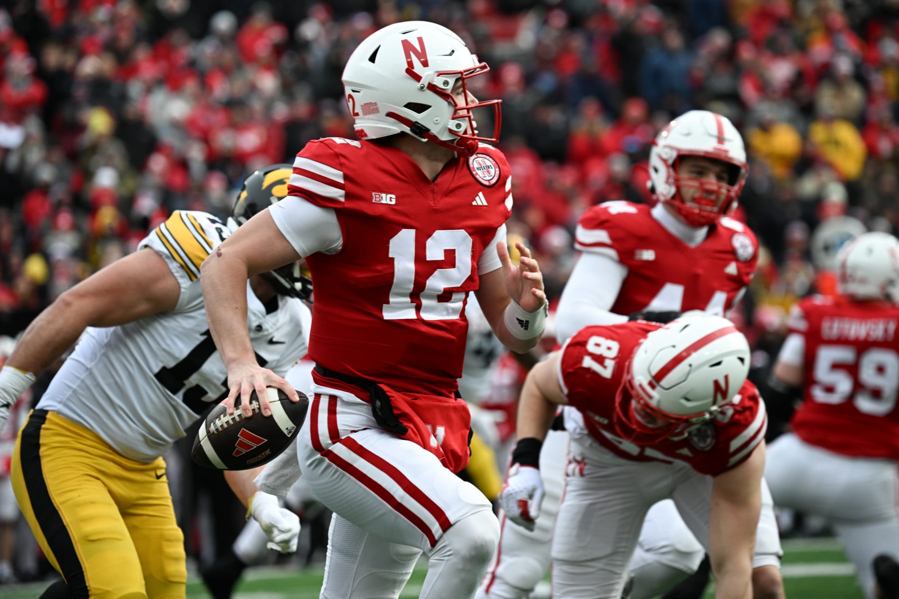 LINCOLN, NEBRASKA - NOVEMBER 24: Quarterback Chubba Purdy #12 of the Nebraska Cornhuskers looks to pass against the Iowa Hawkeyes in the first quarter at Memorial Stadium on November 24, 2023 in Lincoln, Nebraska. (Photo by Steven Branscombe/Getty Images)