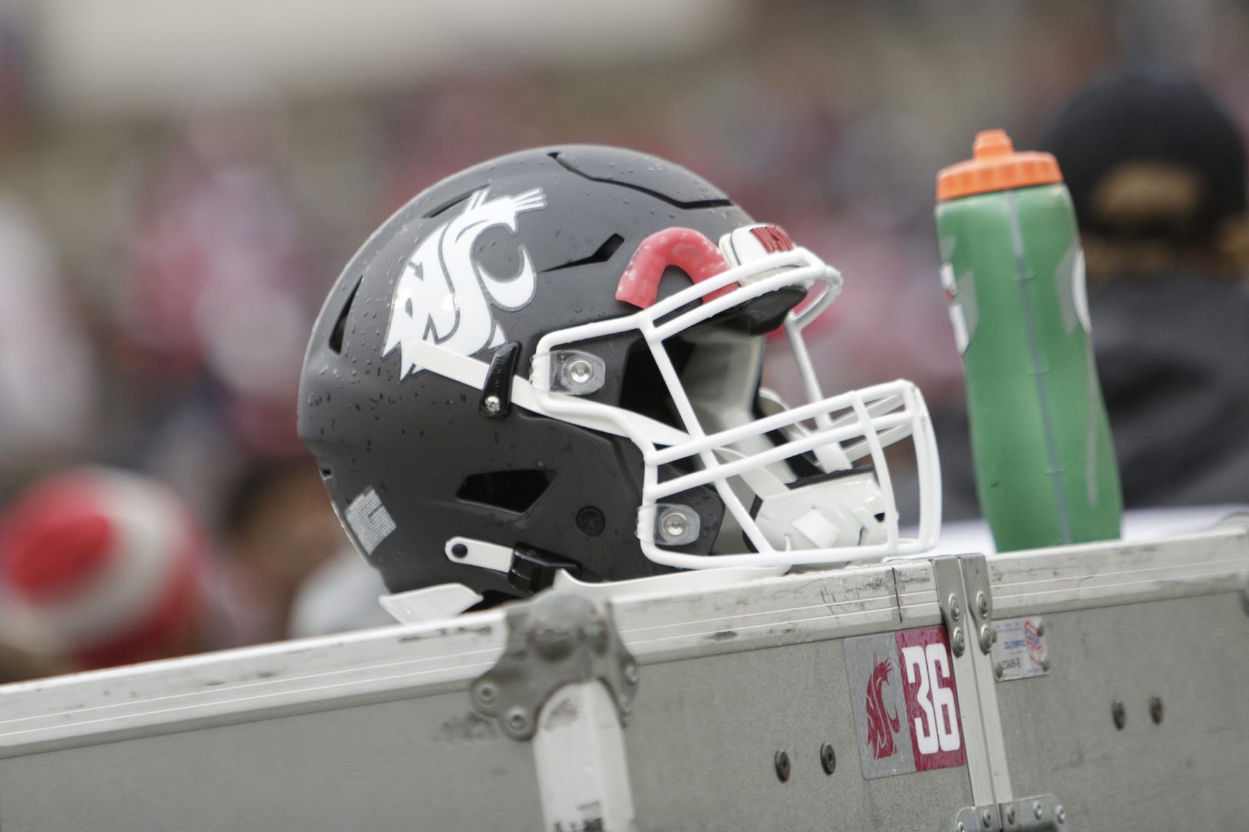 A Washington State helmet is photographed during the second half of an NCAA college football game between Washington State and Southern California, Saturday, Sept. 18, 2021, in Pullman, Wash. (AP Photo/Young Kwak)
