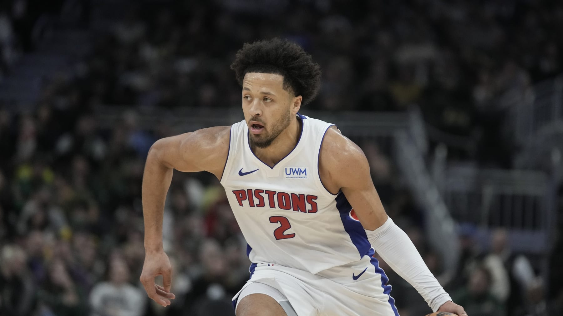 Detroit Pistons' Cade Cunningham during the second half of an NBA basketball game against the Milwaukee Bucks Saturday, Dec. 16, 2023, in Milwaukee. (AP Photo/Morry Gash)