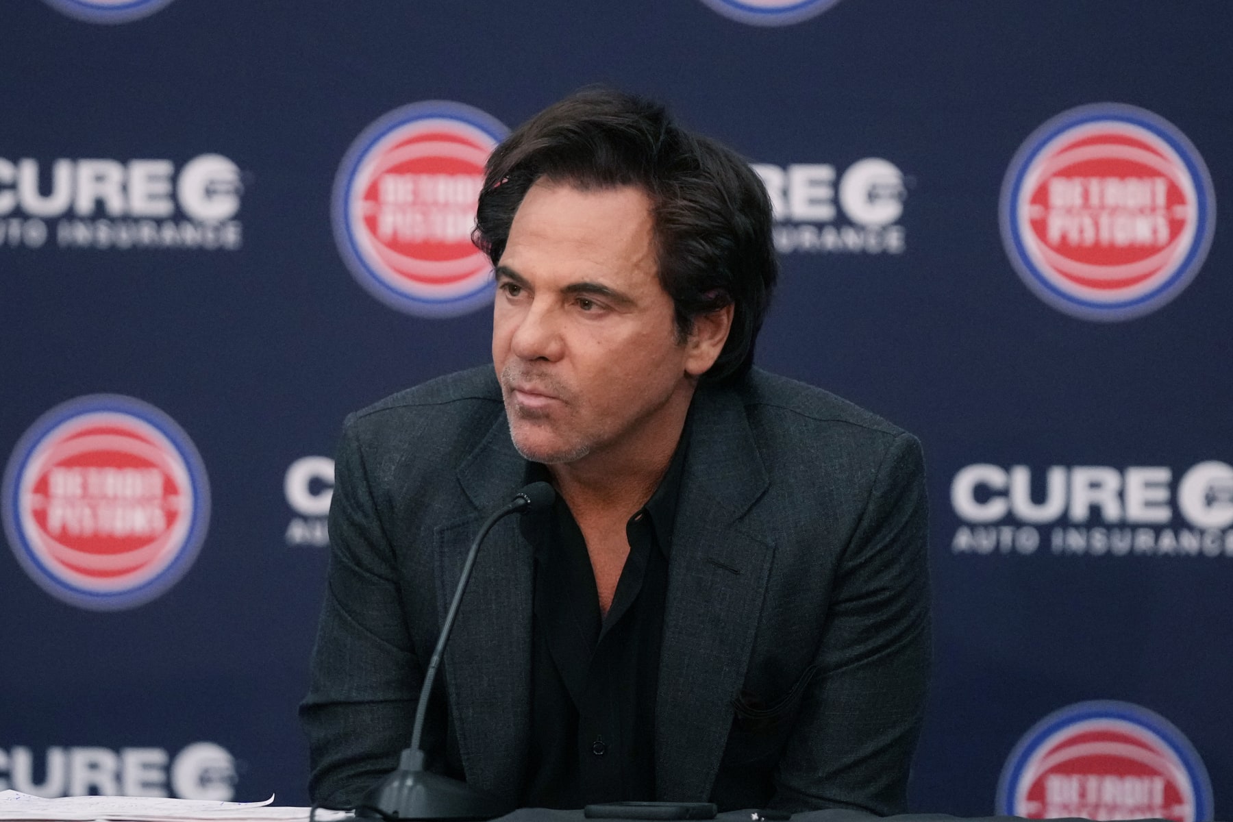Detroit Pistons owner Tom Gores addresses the media after Monty Williams was introduced as the team's new head basketball coach during a news conference, Tuesday, June 13, 2023, in Detroit. (AP Photo/Carlos Osorio)
