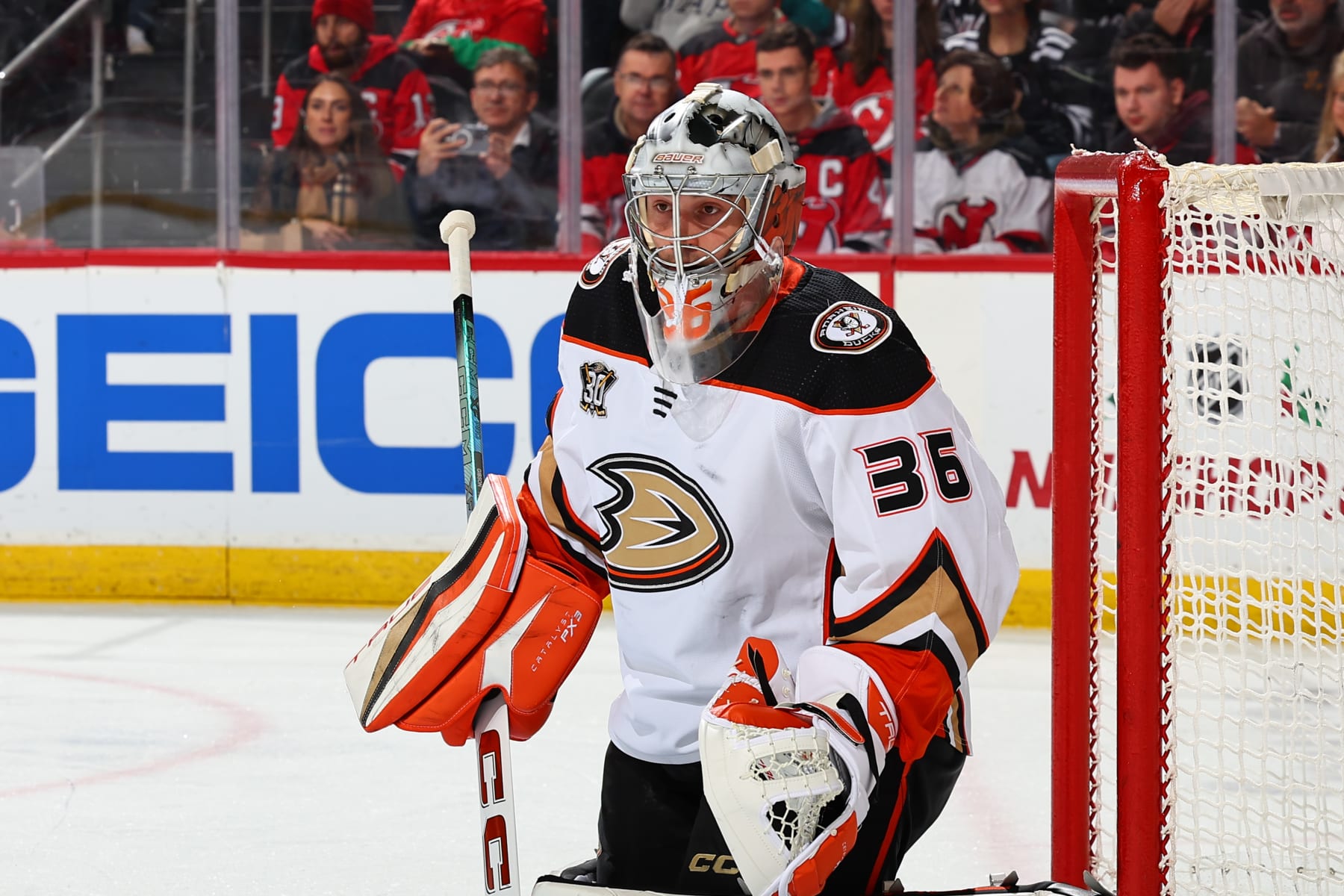 NEWARK, NJ - DECEMBER 17: John Gibson #36 of the Anaheim Ducks defends his net in the first period of the game against the New Jersey Devils at the Prudential Center on December 17, 2023 in Newark, New Jersey. (Photo by Rich Graessle/NHLI via Getty Images)