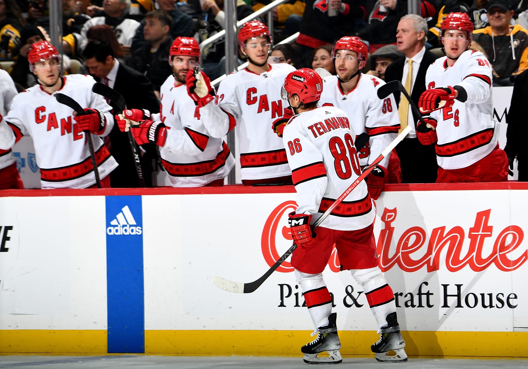 PITTSBURGH, PA - DECEMBER 21: Teuvo Teravainen #86 of the Carolina Hurricanes celebrates his second period goal against the Pittsburgh Penguins at PPG PAINTS Arena on December 21, 2023 in Pittsburgh, Pennsylvania. (Photo by Joe Sargent/NHLI via Getty Images)