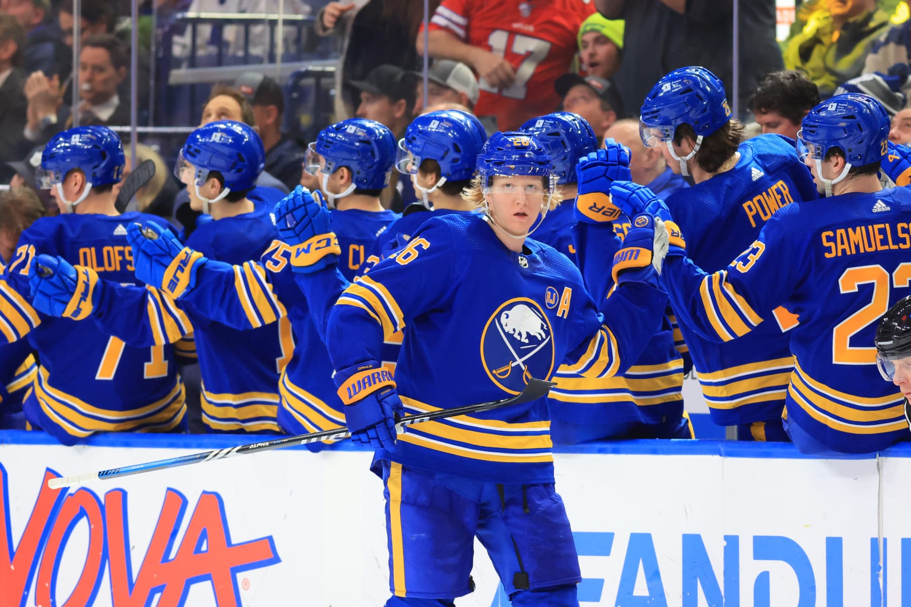 BUFFALO, NEW YORK - DECEMBER 21: Rasmus Dahlin #26 of the Buffalo Sabres celebrates his second period goal against the Toronto Maple Leafs during an NHL game on December 21, 2023 at KeyBank Center in Buffalo, New York. (Photo by Bill Wippert/NHLI via Getty Images)
