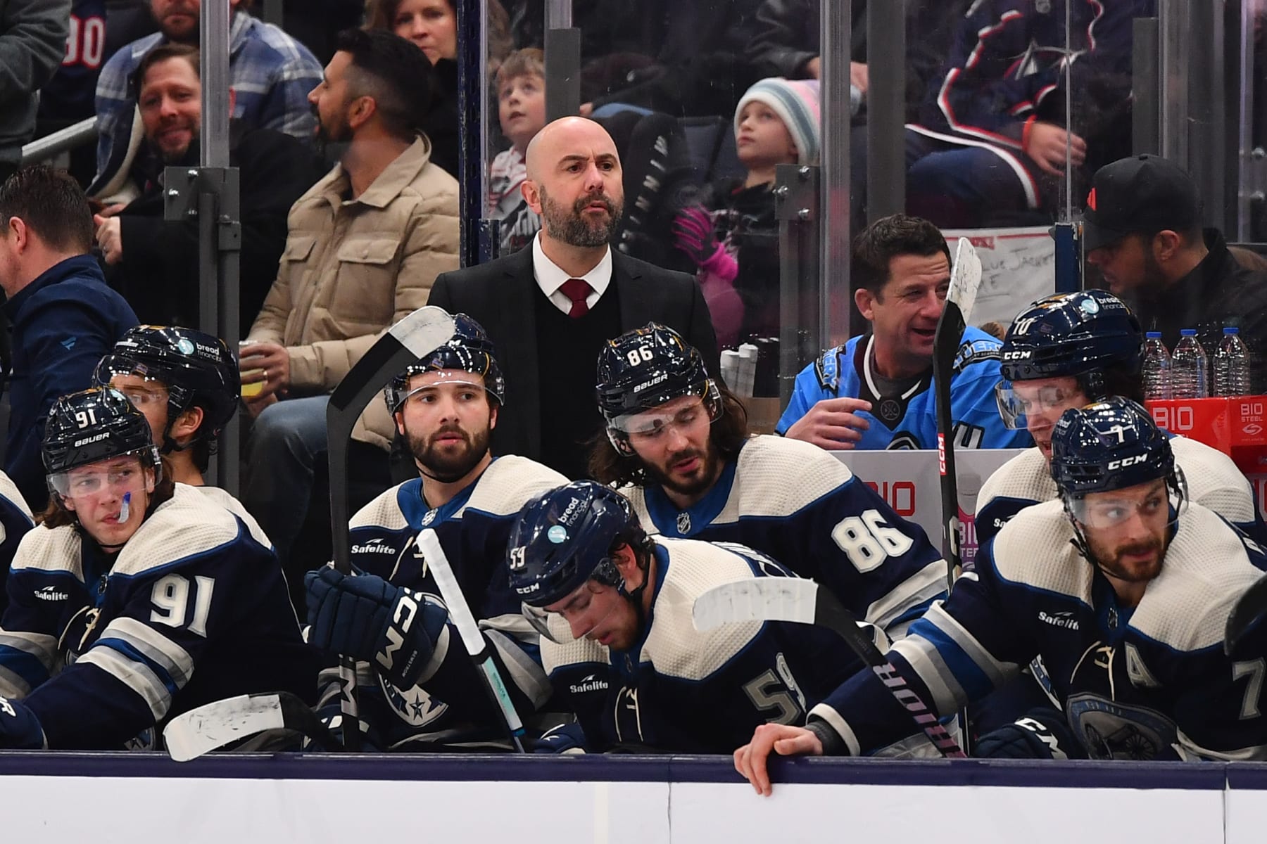 COLUMBUS, OHIO - DECEMBER 21: Head coach Pascal Vincent of the Columbus Blue Jackets watches gameplay during the first period of a game against the Washington Capitals at Nationwide Arena on December 21, 2023 in Columbus, Ohio. (Photo by Ben Jackson/NHLI via Getty Images)