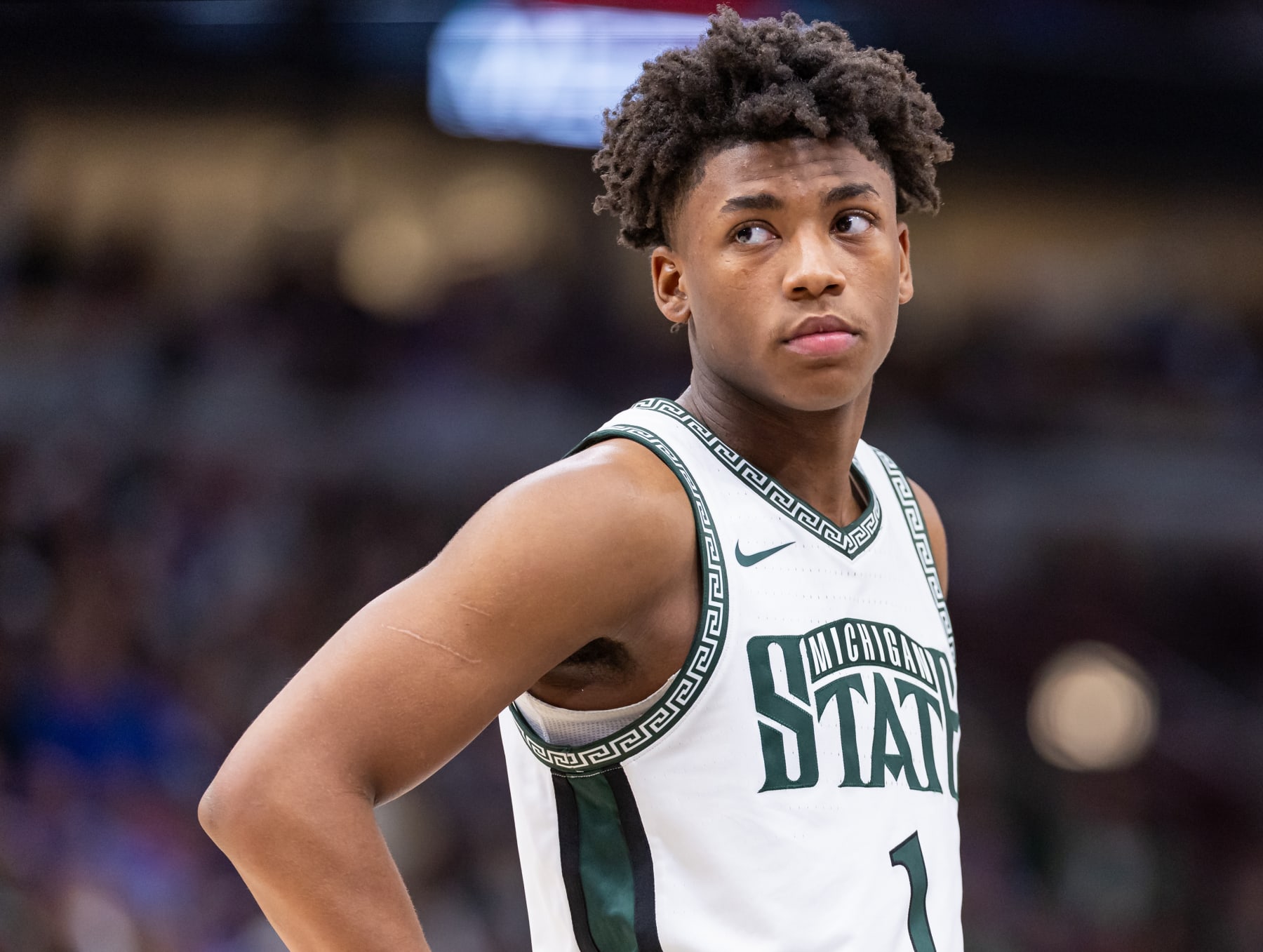 CHICAGO, ILLINOIS - NOVEMBER 14: Jeremy Fears Jr. #1 of the Michigan State Spartans is seen during the game against the Duke Blue Devils in the Champions Classic at the United Center on November 14, 2023 in Chicago, Illinois. (Photo by Michael Hickey/Getty Images)